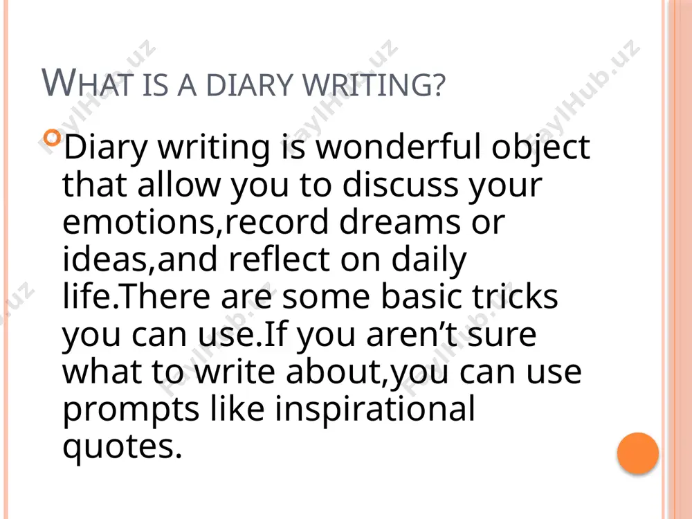 person by using ’’i’’ statements diary writing is a personal and they typically work best when you speak in the first person.in your diary,you are free to make everything about you.many people find this aspect,when it comes to exploring personal emotions 9.don’t worry too much about grammar and spelling your diary is a safe for you to share without the pressures of external judegment.being grammatically correct,proper spelling aren’t nearly as important as getting thoughts down on the page. 10.using lots of details to preserve moments in time diary writing help you preserve thoughts as they’re happening.you are also able to record events immediately after they happen when details are still fresh in your mind. 11.choose a specific time each day to write in your diary you don’t have to set aside a huge part of time everyday for writing in your diary.10-15 minutes enough.you can always write more later in …