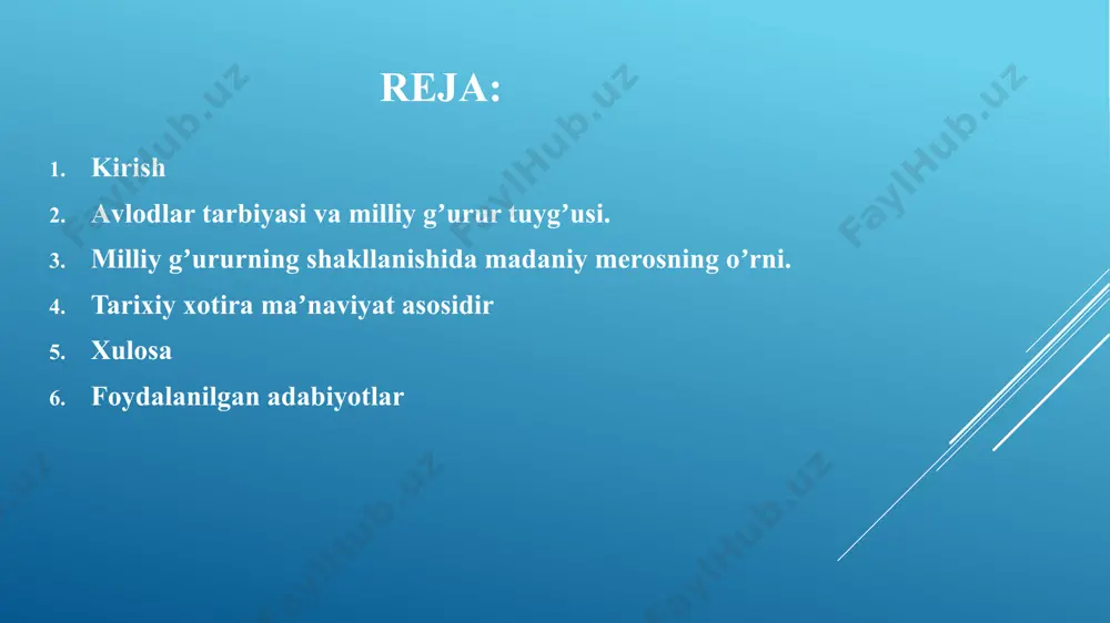 g mevasi boʼlmish madaniy meros, xalqning bir avloddan ikkinchi avlodiga oʼtib kelayotgan moddiy va maʼnaviy qadriyatlarining yigʼindisidir. xudi shuning uchun ham madaniy merosning boyib borishida milliy va umuminsoniy qadriyatlarning har tomonlama oʼzlashtirilishi, jahon madaniyati qoʼlga kiritgan yutuqlarni chuqur bilish va unga amal qilish katta ahamiyatga egadir. madaniy merosimizni har tomonlama oʼrganish jamiyatimiz kelajagi boʼlgan yigit va qizlarda milliy gʼururning shakllanish jarayonini tezlashtiradi xalqimizning madaniy merosi haqida butun jahonni lol qoldirib, ming-minglab sayyohlarning kqzini qamashtirib, hayratga solayotgan obidalar oʼz bagʼriga mashhur olimlar, fozillar, shoirlar, xattotlar, rassomlarni birlashtirgan, sayillar, maʼrakalarda esa fuqarolar kayfiyatini koʼtargan, maʼnaviy quvvat bergan, yoshlarni esa odobu axloqqa, halolligu poklikka, botirlikka, mardlik, vatanni himoya qilishga chaqirgan. xalqimizning madaniy merosi haqida yoshlarga bor haqiqatni yetkazish – ularda milliy gʼururni shakllantirishga yordam beradi tarixiy xotirani shakllantirish tarixiy xotirani shakllantirish, uni rivojlantirish, shu bilan birga hozirgi avlod ruhida milliy gʼurur tuygʼularini paydo qilish ishida barcha madaniy-maʼrifiy muassasalar qatorida muzeylar ham oʼziga yarasha …