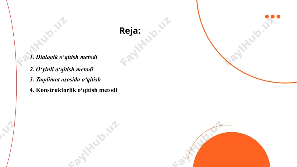 lanishni anglatadi. bu usulda muallimlar powerpoint yoki boshqa vositalar orqali ko‘rgazmali ma'lumotlarni taqdim etishadi. statistikaga ko‘ra, taqdimot asosida o‘qitish 50% gacha ma'lumot esda qolish darajasini oshirishi mumkin. o‘zbekiston ta'lim muassasalarida so‘nggi yillarda taqdimot asosida o‘qitish texnologiyalaridan foydalanish 30% ortgan. bu usul orqali darsning ko‘rkamligi va qiziqarliligi ham oshadi, bu esa o‘quvchilarning darsga bo‘lgan qiziqishini 40% gacha ko‘tarishi mumkin. ta'limda taqdimot texnologiyalaridan foydalanish o‘qituvchilarning pedagogik mahoratini ham oshiradi. ... t.me/slaydai_bot 4. muammoli ta'lim 4. muammoli ta'lim – bu o‘quvchilarning mustaqil fikrlash va muammolarni hal qilish qobiliyatlarini rivojlantirishga qaratilgan o‘qitish usuli. bu ta’lim turi talabalarni real hayotda uchraydigan muammolar bilan ishlashga, analitik va ijodiy qobiliyatlarini oshirishga xizmat qiladi. tadqiqotlar ko‘rsatishicha, muammoli ta'lim yordamida o‘rganilgan bilimlar 30% ko‘proq esda qoladi. bu usulda o‘qituvchilar savollar berib, o‘quvchilarni javob izlashga undaydi. tajribalar orqali amaliy ko‘nikmalar shakllantiriladi. mazkur yondashuv ko‘proq matematik, ilmiy va muhandislik fanlarida qo‘llanilib, xxi asr talablariga javob beruvchi ko‘nikmalarni rivojlantiradi. natijada, o‘quvchilar mantiqiy …