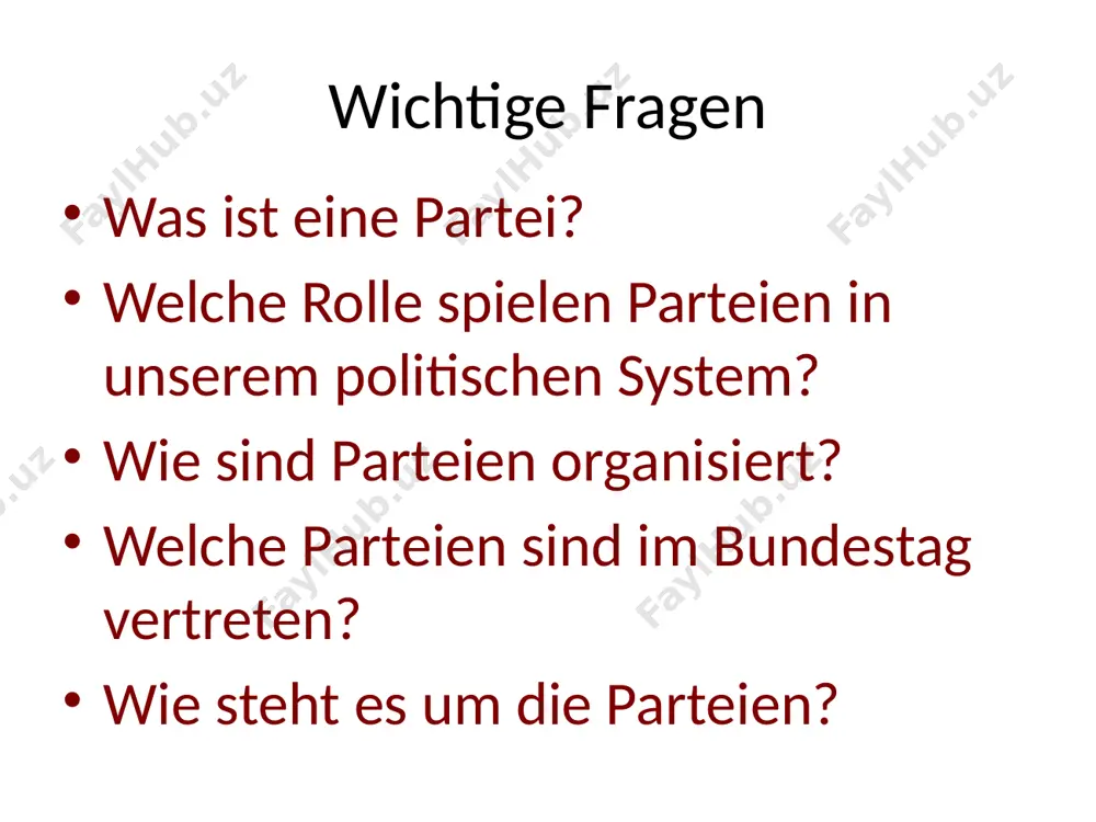 m sie insbesondere auf die gestaltung der öffentlichen meinung einfluss nehmen, die politische bildung anregen und vertiefen, die aktive teilnahme der bürger am politischen leben fördern, zur übernahme öffentlicher verantwortung befähigte bürger heranbilden, welche rolle spielen parteien? sich durch aufstellung von bewerbern an den wahlen in bund, ländern und gemeinden beteiligen, auf die politische entwicklung in parlament und regierung einfluss nehmen, die von ihnen erarbeiteten politischen ziele in den prozess der staatlichen willensbildung einführen und für eine ständige lebendige verbindung zwischen volk und den staatsorganen sorgen.“ parteien vermitteln staat bürger formulierung gesellschaftlicher interessen versuch der durchsetzung parteien spielen eine große rolle weitere aufgabe: staatlicher bereich regierungsbildung strukturierung des parlaments durch fraktionen, durch bildung der regierungsmehrheit und der opposition politikformulierung und politikausführung auswahl von amts- und mandatsträgern auswahlfunktion vermittlungsfunktion interessenausgleich- legitimierungsfunktion funktion „parteienstaat bundesrepublik“ repräsentative demokratie, in der parteien die dominierende rolle spielen wichtigste funktion: „parteien wirken an der politischen willensbildung …