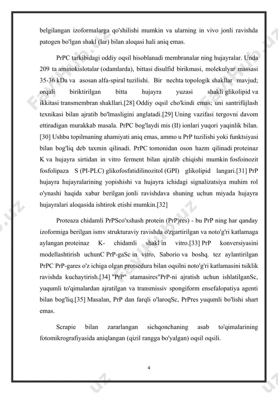 noto'g'ri katlamasini tsiklik ravishda kuchaytirish.[34] "prp" atamasires"prp-ni ajratish uchun ishlatilgansc, yuqumli to'qimalardan ajratilgan va transmissiv spongiform ensefalopatiya agenti bilan bog'liq.[35] masalan, prp dan farqli o'laroqsc, prpres yuqumli bo'lishi shart emas. scrapie bilan zararlangan sichqonchaning asab to'qimalarining fotomikrografiyasida aniqlangan (qizil rangga bo'yalgan) oqsil oqsili. yuqumli izoform prp nomi bilan tanilgan prpsc, yoki oddiygina prion, oddiy prp-ni o'zgartirishi mumkinc ularning o'zgarishi bilan oqsillarni yuqumli izoformga konformatsiyayoki shakli; bu, o'z navbatida, oqsillarning o'zaro bog'liqligini o'zgartiradi. prpsc har doim prion kasalligini keltirib chiqaradi. prp ning aniq 3d tuzilishi bo'lsa hamsc ma'lum emas, uning yuqori ulushi bor b-varaq normal o'rniga tuzilish a-spiral tuzilishi.[36] ushbu g'ayritabiiy izoformalarning yig'ilishlari yuqori darajada tuzilgan amiloid blyashka hosil qilish uchun to'planadigan tolalar. har bir tolaning uchi shablon vazifasini bajaradi, unga erkin oqsil molekulalari birikib, tolaning o'sishiga imkon beradi. ko'pgina hollarda, faqat yuqumli prp bilan bir xil aminokislota ketma-ketligi bo'lgan prp molekulalarisc o'sib borayotgan tolaga kiritilgan.[29] shu bilan birga, noyob xoch …