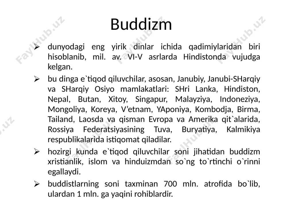 tadi. u beshta rohib bilan qishloqma-qishloq kezib yuradi. shu asnoda siddxartxa bir narsaga amin bo`ldi: bu yo`l uni o`z oldiga qo`ygan maqsad, ya`ni insoniyatni azob-uqubatdan qutqarish sari olib bormaydi va u rohiblar jamoasidan ajraladi. birmuncha vaqt changalzor o`rmonlarda kezib, xorib charchagach, bir daraxtning tagida dam olish uchun o`tiradi, va o`zicha, to haqiqatni topmaguncha shu erdan turmaslikka qaror qiladi. bu o`tirishning 49 kuni uning qalbidan «sen haqiqatni topding» degan sado keladi shu ondan u budda – nurlangan deb ataldi. u tagida o`tirgan daraxt esa – nurlangan daraxt (botxa) deb atala boshladi. budda o`zining birinchi da`vatini varanasi yaqinidagi rishipatana bog’ida, o`zining besh rohib do`stlariga qildi va ular buddaning birinchi shogirdlari bo`ldilar. budda hayot vaqtida budda 40 yil mobaynida hindistonning turli joylarida bo`ladi, odamlarga o`z g’oyalarini etkazadi, singdiradi va 80 yoshida kushtnagara degan joyda dunyodan o`tadi. uning jasadi, hind udumiga ko`ra, kuydirilib, xoki 8 ta buddist jamoalariga bo`lib yuborildi va har bir jamoa …