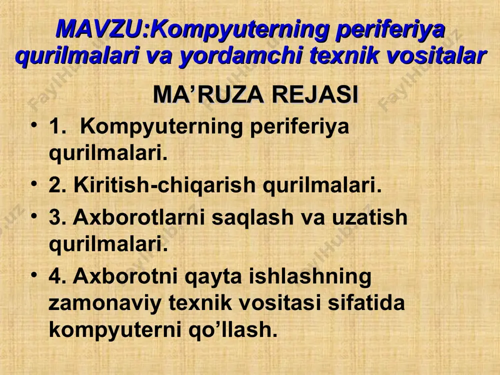 nterlar ignali printerlar – bu printerlar ichida eng qadimgisi bo`lib, uning mexanizmi 1964 yil seiko epson kompaniyasi tomonidan kashf qilingan. oqimli (purkagichli) printerlar – ibm kompaniyasi tomonidan 1976 yil ishlab chiqarilgan. lazerli printerlar – hewlett-packard va canon firmalarining hamkorligida 1980 yillar boshida hp laserjet rusumidagi printerlar ishlab chiqildi. ignali printerlar afzalligi kamchiligi uning o`zini va ishlatiladigan material-larning arzonligi sifatining va bosmaga chiqarish tezligining pastligi bir vaqtning o`zida bir nechta nusxani bos-maga chiqarish mumkinligi bosmaga chiqarish vaqtida shovqin borligi oqimli printerlar afzalligi kamchiligi bosma sifatining yuqoriligi soplo ichidagi siyohni qurib ketishi ehtimoli yuqori bo`ladi, bu esa bosayotgan kallakni almashtirishga olib keladi. ba’zi bir turdagi printerlarni ishlatish davomida o`chirib bo`lmaydi, chunki bu holda kallak oraliq holatda qoladi, bunday hol esa soploni tez qurib qolishiga olib keladi. ko`p printerlarda printer ichida bosmalovchi kallakni boshlang`ich holatiga qaytadigan to`xtash tartibi mavjud, bunday tartib siyohlarni qurib qolishidan saqlaydi. bosma tezligining yuqoriligi —10 ppt gacha oddiy qog`ozning …