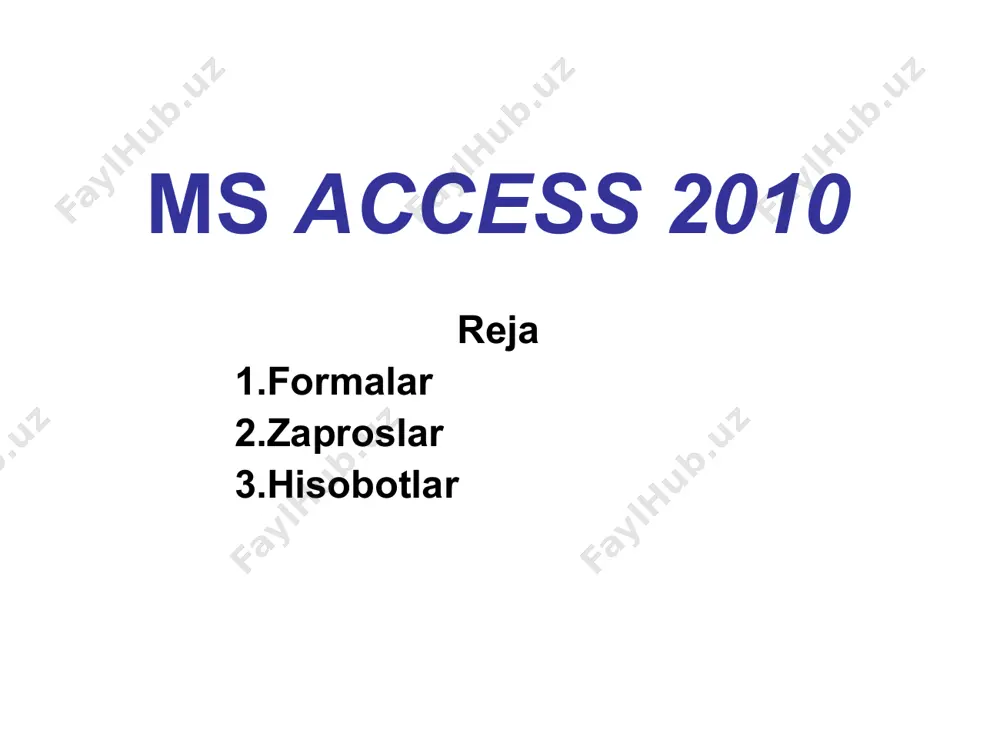 sahifa nomeri sahifalar soni n sahifa m tadan joriy sana joriy sana va vaqt joriy vaqt “страница” & page pages “страница” & page & “из” $ pages date() now() time() * * * * natijaviy so’rov (guruhiy amal) * * ma’lumotlar ombori access 2010 3. hisobotlar (отчеты) * * * hisobotlar yaratish hisobot (отчет) – bu ma’lumotlar omboridagi ma’lumotlarni ifodalash va chop etishga mo’ljallangan hujjatdir. * * * * hisobot yaratish ustasidan foydalanish: * * * * hisobotning yakuniy ko’rinishi *