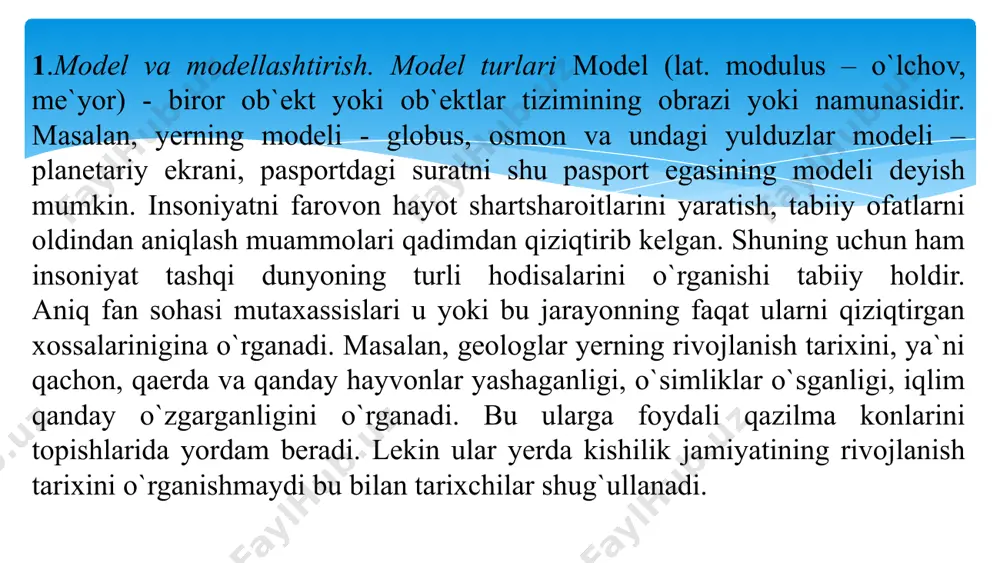 iy tadqiqot jarayonini yengillashtiradi, ba'zi hollarda esa murakkab ob'ektlarni o‘rganishning yagona vositasiga aylanadi. mavhum, olisda joylashgan ob'ektlar, juda kichik hajmdagi ob'ektlarni o‘rganishda modellashtirishning ahamiyati katta. modellashtirish uslubidan fizika, astranomiya, biologiya, ijtimoiy fanlarda, iqtisod fanlarida ob'ektlarning faqat ma'lum xususiyat va munosabatlarini aniqlashda ham foydalaniladi. uslubiyat sifatidan matematik modellashtirish matematika, fizika, biologiya va boshqa ilmiy fanlar bilan almashtirib bo‘lmaydi, ular bilan raqobat qilmaydi. aksincha uning sintezlash rolini ta'kidlamasdan bo‘lmaydi. matematik modellashtirish uchligini yaratish va qo‘llash turli metodlar va yondoshuvlar – chiziqsiz modellar sifat analizidan tortib zamonaviy dasturlash tillariga asoslanadi va fanning turli – tuman yo‘nalishlarini qo‘shimcha yangi rag‘batlantiradi. masalaga kengroq yondoshgan holda aytish mumkinki, modellashtirish turli “mutaxassislar” ijodiy faoliyatida uchraydi – tadqiqotchilar va tadbirkorlar, siyosatchilar va harbiy qo‘mondonlar. bu sohalarga aniq fanlarning joriy qilinishi intuitiv “ modellash” ni chegaralab, ratsional metodlar qo‘llanilish maydonini kengaytirdi. albatta, matematik modellashtirish samarali bo‘lish uchun u yaxshi ma'lum bo‘lgan professional talablarga javob berishi kerak: asosiy tushunchalar va …