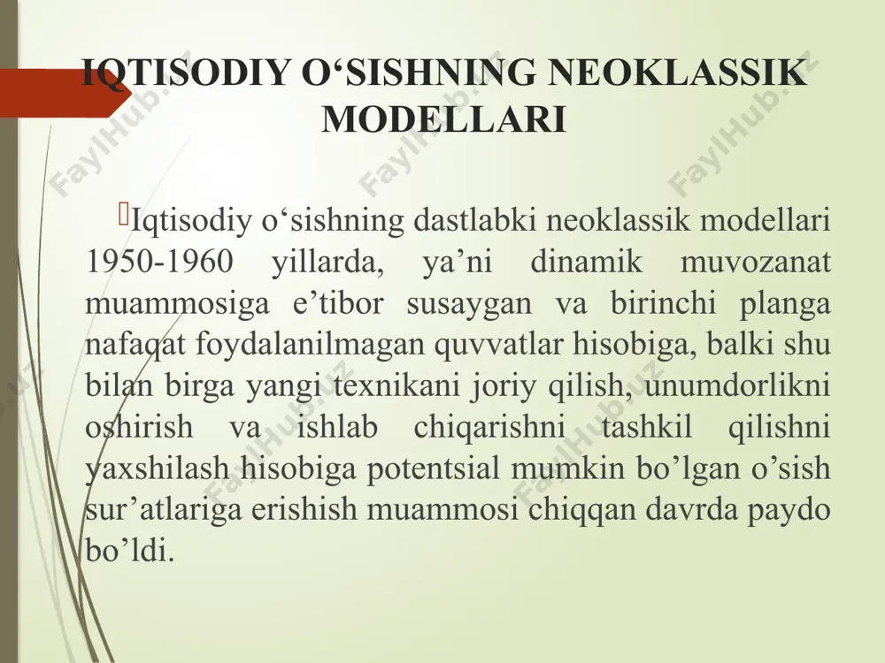 qiqotlar uchun" 1987 yilgi nobel mukofoti sovrindori. tug'ilgan sanasi va joyi: 1924 yil 23 avgust (99 yosh), bruklin, nyu-york, aqsh mukofotlar: alfred nobel xotirasiga iqtisod bo'yicha mukofot – 1987 yil jon beyts klark medali– 1961 yil psixologiya va ijtimoiy fanlar bo'yicha aqsh milliy medali – 2000 yil ilmiy rahbar: leontiev vasiliy vasilevich r. solou modeli birinchi neoklassik model r. solou tomonidan 1956 yilda “iqtisodiy o’sish nazariyasiga hissa” asarida tasvirlab berildi va so’ngra 1957 yilda “texnik taraqqiyot va agregativ ishlab chiqarish funktsiyasi” nomli asarida rivojlantirildi. r. solou modeli mutanosib iqtisodiy o’sishning zarur sharti yalpi talab va yalpi taklifning tengligi hisoblanadi. modelda yalpi taklif kobb-duglasning ishlab chiqarish funktsiyasi bilan ifodalangan. bu funktsiya bir tomondan ishlab chiqarish hajmi va ikkinchi tomondan foydalanilayotgan omillar hamda ularning o’zaro kombinatsiyalari o’rtasidagi funktsional bog’liqlikni aks ettiradi: r. solou modeli y= f(l,k,n), modelda yuqori texnik rivojlanish bosqichida yerning kichik ahamiyatga egaligi tufayli ishlab chiqarish faqat mehnat resurslari va …