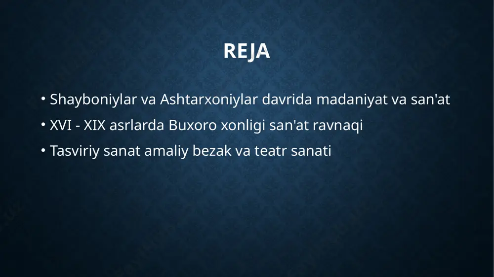 teatrda aktorlar rollarni ijro etishda mahoratga erishdi, voqealarni jonli va ta'sirli tarzda ifoda etish uchun milliy improvizatsiya va musiqadan foydalanildi. buxoro xonligida san'atning rivojlanishida madaniyat va ijtimoiy ta'sirlar madaniy ta’sirlar buxoro xonligida madaniyat dini, ilm-fan va san’at bilan chambarchas bog’liq bo’lib, ularning rivojlanishi ijtimoiy hayotni boyitdi va yangi yutuqlarni taqdim etdi. ijtimoiy strukturalar ijtimoiy tabaqalar va hukmronlik tuzilmalari san’atga ta’sir qildi, xususan, hukmdorlar va boy bezak san’atkorlari orqali madaniyatning rivojlanishini ta’minladi. ekonomik ta’sirlar savdo va hunarmandchilik rivojlanishi, bezak va tasviriy san’atlarning keng kengayishiga yordam berdi, bu esa madaniyatga iqtisodiy ta’sir ko’rsatdi. dini va madaniy an’analar dini qadriyatlar va an’analar san’atda aks etib, masjidlar, madrasalar va bezaklar orqali diniy va madaniy hayotning markaziy qismiga aylandi. tasviriy san'at va amaliy bezaklarning o'ziga xosligi va rivojlanishi 1 tasviriy san'atning o'ziga xosligi o'zbek xonliklarida tasviriy san'atning rivojlanishi rang-barang va ma'naviy boylik bilan ajralib turadi. minyaturalar, portretlar va diniy ramzlar keng tarqalgan. 2 amaliy bezak …
