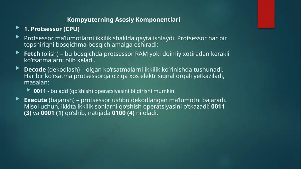 boshqa texnik vazifalar uchun ishlatiladi. masalan: 0₁₀ (0000000₂) - nul (null character, bo'sh belgini bildiradi) 13₁₀ (0001101₂) - cr (carriage return, kursorni yangi qatorda joylashtirish) yozma belgilar (printable characters): 32 dan 126 gacha bo'lgan kodlar matnli belgilarni ifodalaydi. bularga harflar, raqamlar, punktuatsiya belgilar va maxsus belgilar kiradi. 65₁₀ (1000001₂) - "a" 97₁₀ (1100001₂) - "a" 48₁₀ (110000₂) - "0" 32₁₀ (00100000₂) - " " (bo'shliq) ascii kodning kengaytirilgan versiyasi kompyuterlar ko'proq belgilarni ifodalash zaruratidan kelib chiqib, 8 bitli kengaytirilgan ascii standarti ham joriy etilgan bo'lib, unda 256 ta belgi qamrab olingan. kengaytirilgan ascii kodlari xalqaro belgilarni (aksentli harflar, grafik belgilar va boshqa maxsus belgilar) o'z ichiga oladi. ascii kodidan foydalanish kompyuterlar va boshqa qurilmalar ascii kodlarni belgilarni saqlash va uzatish uchun ishlatadilar. har bir belgining raqamli qiymatga aylantirilishi kompyuterlar uchun qulay, chunki ular elektr signallari (0 va 1) yordamida raqamli ma'lumotlar bilan ishlaydi. misol: "a" harfi ascii kodida 65 ga …