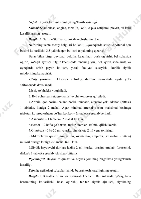 ki qovoqda shish bo`lishi. tibbiy yordam: 1.bemor nefrolog yoki urolog shifokori nazoratida davolanadi. 2.bel sohasiga issiq kompress, issiq grelka qo‘yiladi. 3.og‘riq kuchli bo`lsa, uni qoldirish va isitmani tushirish uchun: - analgin (baralgin) - 2 ml, dimedrol 1% - 1 ml, novokain – 0,5 % -2 ml qo‘shilgan holda muskul orasiga. 4.antibiotiklar: ampitsillin, ampioks, oksasillin, sefazolin (bittasi) muskul orasiga, kuniga 2-3 mahal 7-10 kun. 5.glyukoza 40% -20 ml, askorbin kislota 2 ml vena tomiriga, jami 10 ta; 6.kalsiy xlorid yoki kalsiy glyukonat 10% -5-10 ml vena tomiriga, jami 10 tagacha; 7.askorutin 1 tabletka 2 mahal. 8. fizioterapevtik muolajalar: sollyuks, diatermiya buyrak sohasiga. sistit. siydik pufagi ichki shilliq pardasining yallig‘lanishi. sababi: siydik pufagida toshlarning bo‘lishi, shamollash, angina kasalligida mikroblar qon orqali tarqalishi, kimyoviy moddalar ta‘siri, piyelonefrit va prostatitning asorati. belgilari: peshobning tez-tez og`riqli bo`lishi, siydikning loyqalanishi, qovuq sohasida og‘riq, ba`zida tana haroratining ko‘tarilishi. tibbiy yordam: 1.bemor urolog shifokori nazoratida davolanadi. 2.ko‘p miqdorda …