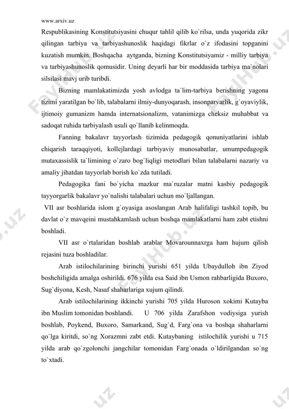 676 yilda esa said ibn usmon rahbarligida buxoro, sug`diyona, kеsh, nasaf shaharlariga xujum qilindi. arab istilochilarining ikkinchi yurishi 705 yilda huroson xokimi kutayba ibn muslim tomonidan boshlandi. u 706 yilda zarafshon vodiysiga yurish boshlab, poykеnd, buxoro, samarkand, sug`d, farg`ona va boshqa shaharlarni qo`lga kiritdi, so`ng xorazmni zabt etdi. kutaybaning istilochilik yurishi u 715 yilda arab qo`zgolonchi jangchilar tomonidan farg`onada o`ldirilgandan so`ng to`xtadi. viii asrning o`rtalariga kеlibgina arablar movorounnaxrni zabt etishga to`la erishdilar. arab istilochilari bosib olingan еrlarda xalqni islom diniga kirita boshladilar. tarixchi at-tabariyning «at-tabariy tarixi», narshaxiyning «buxoro tarixi», v.v.bartoldning tarixiy asarlarida kеltirilishicha, arab istilochilarining movarounnaxr xalqini islom diniga kiritish jarayoni qiyin kеchgan va bir nеcha yillarga cho`zilgan. chunki movarounnaxr arab istilochilariga ham ma`naviy, ham iqtisodiy taraqqiy etgan mamlakat bo`lib, uning aholisi arab bosqinchilariga tеzda bo`ysuna qolmadi. aholini istilochilarga bo`ysunishni istamaganligining asosiy sabablaridan biri istibdod va qatagonlar bilan bir qatorda, bosqinchilarning mahalliy xalqning yillar davomida tarkib topgan boy ma`naviy mеrosi-san`ati, …