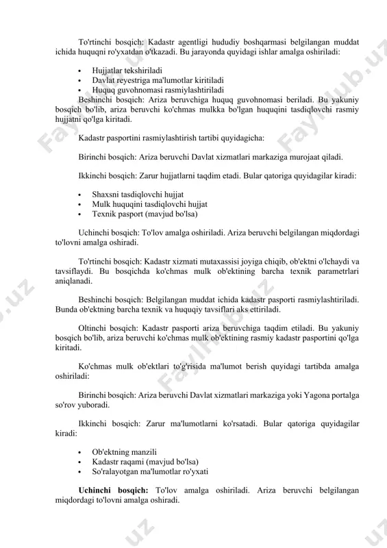 i, ariza beruvchilar uchun tushunarli bo'ladi va davlat organlarining faoliyati nazorat qilinadi. 3. davlat xizmatlarini ko'rsatish tartib-taomillarining o'ziga xos jihatlari endi kadastr sohasidagi asosiy davlat xizmatlarini ko'rsatish tartib-taomillarining o'ziga xos jihatlariga batafsil to'xtalib o'tamiz. ko'chmas mulkka bo'lgan huquqlarni davlat ro'yxatidan o'tkazish jarayoni quyidagi bosqichlardan iborat: birinchi bosqich: ariza beruvchi davlat xizmatlari markaziga yoki yagona interaktiv davlat xizmatlari portaliga murojaat qiladi. bu bosqichda ariza beruvchi o'ziga qulay usulda davlat xizmatidan foydalanish uchun murojaat qiladi. ikkinchi bosqich: zarur hujjatlar taqdim etiladi. bular qatoriga quyidagilar kiradi: · shaxsni tasdiqlovchi hujjat (pasport yoki id-karta) · huquqni belgilovchi hujjat (oldi-sotdi shartnomasi, meros guvohnomasi va h.k.) · kadastr pasporti (mavjud bo'lsa) uchinchi bosqich: davlat boji to'lanadi. buning uchun ariza beruvchi belgilangan miqdordagi to'lovni amalga oshiradi. to'rtinchi bosqich: kadastr agentligi hududiy boshqarmasi belgilangan muddat ichida huquqni ro'yxatdan o'tkazadi. bu jarayonda quyidagi ishlar amalga oshiriladi: · hujjatlar tekshiriladi · davlat reyestriga ma'lumotlar kiritiladi · huquq guvohnomasi rasmiylashtiriladi beshinchi …