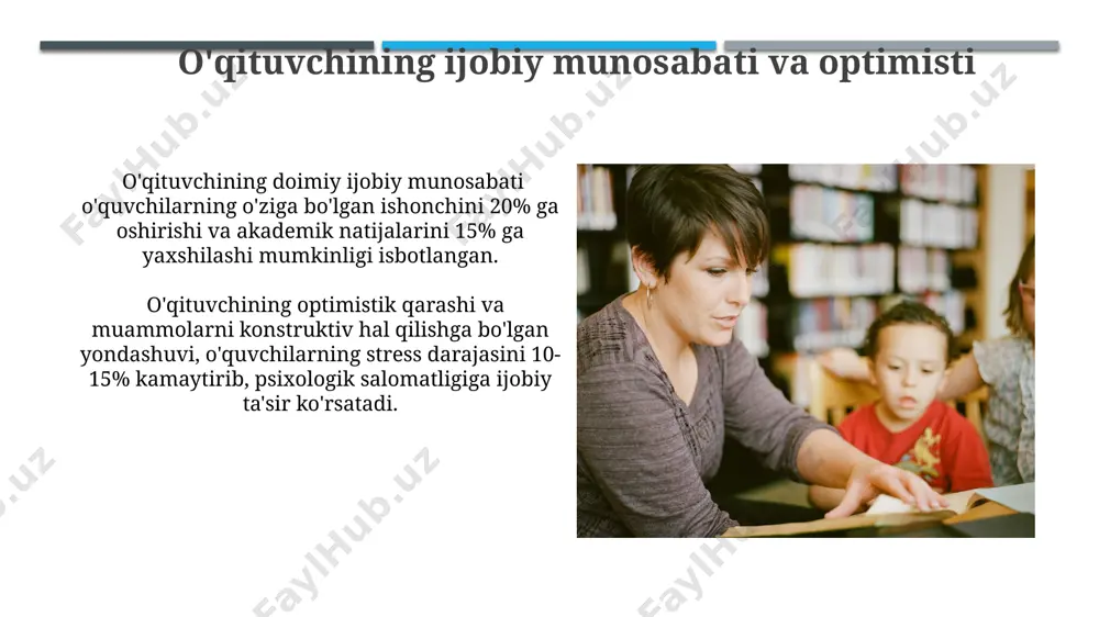 iradi. o'qituvchining yuqori professionalligi, 80% dan ortiq o'quvchilarning o'ziga ishonchini oshiradi va akademik ko'rsatkichlarini 15-20% ga yaxshilaydi, degan tadqiqot natijalari mavjud. o'qituvchining muloqot madaniyati va o'zaro munosabatlar samimiy va konstruktiv munosabatlar o'rnatish, o'quvchilarning o'ziga ishonchini 30% ga oshiradi va darslarga faol ishtirok etishini ta'minlaydi. o'qituvchining empatiya va tolegantlik ko'rsatkichlari yuqori bo'lganda, sinfda intizomsizlik holatlari 50% ga kamayadi. o'qituvchining shaxsiy namunasi: ta'rif va ahamiyati o'qituvchining shaxsiy namunasi, o'quvchilarning axloqiy-ma'naviy kamol topishida 70% ga yaqin ta'sir ko'rsatadi, chunki ular kattalar dunyosini anglashda asosiy manba hisoblanadi. o'qituvchining professional kompetensiyasi bilan bir qatorda, uning shaxsiy fazilatlari – halollik, adolatlilik, insonparvarlik kabi qadriyatlar o'quvchilarning shaxs sifatida shakllanishiga katta ta'sir qiladi. o'qituvchining innovatsion yondashuvi va kreativligi kreativlikni rivojlantirishga qaratilgan loyihalar (masalan, 5 ta turli fanni birlashtirgan murakkab loyiha) o'quvchilarning muammolarni hal qilish qobiliyatini 15-20 ballga yaxshilashi mumkin. o'qituvchining o'quv jarayonida kamida 3 xil innovatsion texnologiya (masalan, interfaol o'yinlar, onlayn platformalar, virtual haqiqat) dan foydalanishi o'quvchilarning faol …