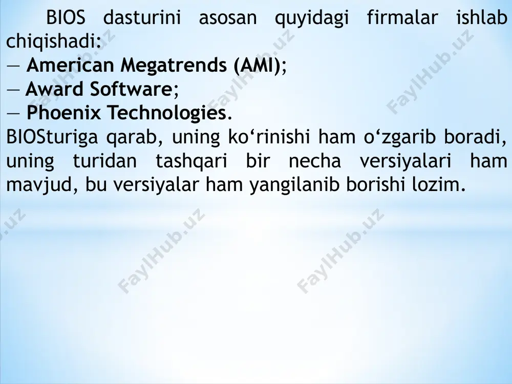 rga ulangan qattiq disk(umumiy holda накопитель) xarakteristikasidir(agar ide raz’yemiga ulangan bo‘lsa). slave — ya’ni yordamchi disk, asosiydan diskdan keyin yuklanadigan disk. agar bu menyuchalarga qanday dtskni o‘rnatishni bilmasangiz, qiymat sifati auto‘ni tanlang, shunda kompyuter vinchester ulanishi asosida o‘zi aniqlashtirib oladi. qolgan menyuchalar, sata raz’yemi orqali ulangan qattiq disklarni xarakteristikalaridir, bularda faqat master tushunchasi bor va bu master’larning darajalari raqamlar orqali belgilanadi. qattiq disklarni sata ulanishi darajalarini motherboar’dagi sata raz’yemlarining raqamlari orqali ham aniqlashtirish mumkin. bios sozlashlarini oldingi holatiga qaytarish yo’llari bios dasturida har xil sozlashlar mavjud bo‘ladi va bu sozlashlarni bilmasdan o‘zgartirish, kompyuter bilan sodir bo‘ladigan har xil nohushliklarga olib keladi. shuning uchun, bios bilan ishlaganda ehtiyot bo‘ling, agar bilmasdan buzib qo‘ysangiz, darhol bios dasturidagi sozlashlarni ishlab chiqarilgan paytdagi sozlashlarga(odatiy sozlashlarga) qaytaring(сброс настроек по умолчанию). № 1 variant. kompyuterni o‘chiring va tok manbaidan uzing, undan so‘ng, kompyuter ichini oching va u yerdan bios dasturi sozlashlarini odatiy holga qaytaruvchi tugmani bosing. …