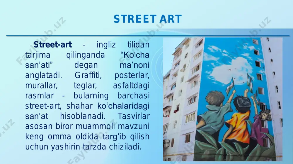 san’at turlarining xususiyatlarini o‘zida mujassamlashtirgan. ba‘zan bosma nashrlarda qo‘llaniladigan kitob va jurnal illyustratsiyasining bir turi. pop-art uslubi pop-art uslubi- rasmlarida nima tasvirlangan bo‘lsa - banan, konserva qutisi yoki hayvonlar rasmi har doim yorqin, rang-barang, ifodali va quvnoq bo’ladi, shuning uchun ushbu ijro uslubi odamlarga yoqadi. pop-art uslubi 3d formatdagi tasvirlar 16- asrda paydo bo‘lgan. o‘rta asrlar ko‘chalari yo‘laklarida sayr qiluvchi rassomlar bo‘r bilan devorlarga, yo‘laklarga rasm tasvirlagan, keyinchalik ko‘plab shaharlar hokimiyati bunday ijodkorlikni rag‘batlantirishni boshladi. 3d uslubi kompyuterlarning paydo bo‘lishi, 3d san‘atini yanada rivojlantirdi (3d kompyuter grafikasiga). 3d uslubi zentangle va doodling uslubi 2006 yil. zentangle va doodling uslubi rik roberts va mariya tomas tomonidan ixtiro qilingan. zentangle - bu bir vaqtning o‘zida bir nechta yo‘nalishlarni birlashtirgan yangi san’at turi, bu ijodkorlik, meditatsiya, zavqlanish va mustaqil ish sifatida qimmatli yoki deyarli har qanday naqshni bezatadigan original chizmalarni yaratish usuli. zentangle va doodling uslubi kompyuter grafikasi grafik dasturlar kompyuter grafikasi koinot …