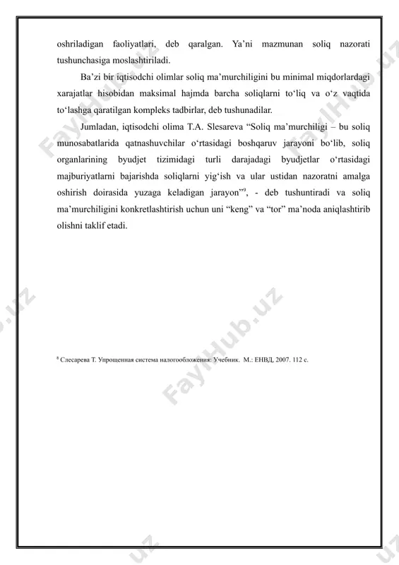 ini buzganlik uchun javobgarlik choralarini belgilovchi normalar va qoidalar majmuidir. soliq ma’murchiligini keng ma’noda aniqlashda, uni turli darajadagi ma’muriy boshqaruvlar tizimining soliq sohasidagi soliq boshqaruvi tizimi, deb qarab, federal va hududiy darajada soliq munosabatlarida qat’iy majburiy ma’murchilik choralarini belgilovchi markaziy boshqaruvni amalga oshiruvchi soliq tizimi deb qaraydi. majburiy ma’murchilik tarkibi deyilganda, ijtimoiyiqtisodiy va soliqning fiskal funksiyalari soliqlarni rejalashtirish, soliqlar tushumini va nazoratini tartibga solish, soliq solish jarayonlarini boshqarishda xorijiy mamlakatlar tajribalaridan foydalanish tushuniladi. soliq ma’murchiligini tor ma’noda aniqlashda esa barcha soliq munosabatlarida qatnashuvchilarni soliq qonunchiligini bajarilishini ta’minlashda soliq organlarining bevosita faoliyati tushunilishini taklif etadi. dastlab shuni ta’kidlash kerakki, yuqorida ta’kidlanganidek, “soliq ma’murchiligi” iborasi keyingi yillarda foydalanilayotgan bo‘lishiga qaramasdan uning mohiyatini ifodalash maqsadida bir necha shakldagi ta’riflari mavjud. masalan, o.a. mironova va f.f. xanafeevlarning 2005-yilda moskvada “omega-l” nashriyotida nashrdan chiqqan va “налоговоеадминистрирование”, deb nomlangan darsliklarida (o‘quv qo‘llanmalarida) soliq ma’murchiligining mazmun-mohiyatini ifodalovchi quyidagi ta’rif berilgan: “налоговоеадминистрирование – этодинамическиразвивающаюсясистемауправленияналоговамиотношениями, коордирируюшаядеятельностналоговыхоргановвусловияхрыночныхотношений”[footnoteref:4]. keltirilgan bu ta’rifni …