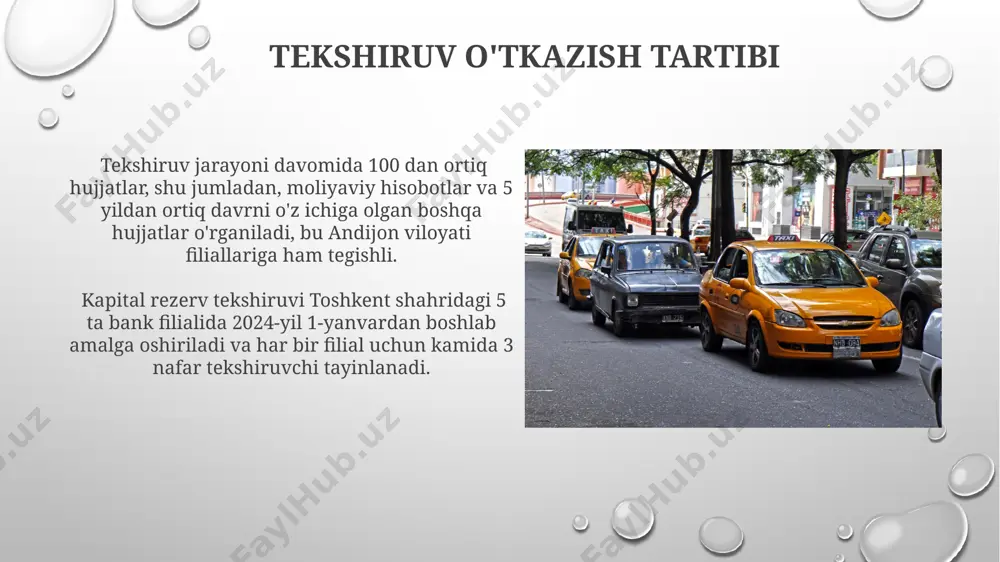 2023 йил якуни бўйича тошкент шаҳридаги 5 та йирик банкнинг капитал захираси текширувида 15 млн. ақш доллари миқдоридаги етишмовчилик аниқланди, бу эса банк қонунчилигининг 32-моддасини бузиш ҳисобланади. tekshiruvning samaradorligini baholash навоий вилоятидаги корхоналарда ўтказилган 50 та аудиторлик текширувларидан сўнг, 80% ҳолатларда молиявий ҳисоботлардаги ноаниқликлар аниқланди ва уларнинг ўртача миқдори 1 миллион сўмни ташкил этди. текширувнинг самарадорлигини баҳолашда 2023 йилда тошкент шаҳридаги 5 та банк филиалида аниқланган молиявий камчиликлар сони 15% га камайганлиги кузатилди. qonunchilik bazasi va me'yoriy hujjatlar капитал резервларни ҳисоблашда халқаро молия стандартлари, хусусан, базел iii талаблари, инобатга олиниб, 2023 йилдан бошлаб қўшимча резервлар миқдори 5% га оширилди. ўзбекистон республикасининг 2019 йил 26 апрелдаги 548-сонли “банк ва банк фаолияти тўғрисида”ги қонуни капитал резервларни шакллантириш ва улардан фойдаланиш тартибини белгилайди, бунда ҳисоб-китоблар миллий валютада амалга оширилади. xavflarni aniqlash va tahlil qilish капитал резервларни таҳлил қилишда, хусусан, 10 млн ақш долларидан ортиқ активларга эга бўлган корхоналарда, хусусан, наманган вилоятидаги корхоналарда, молиявий …