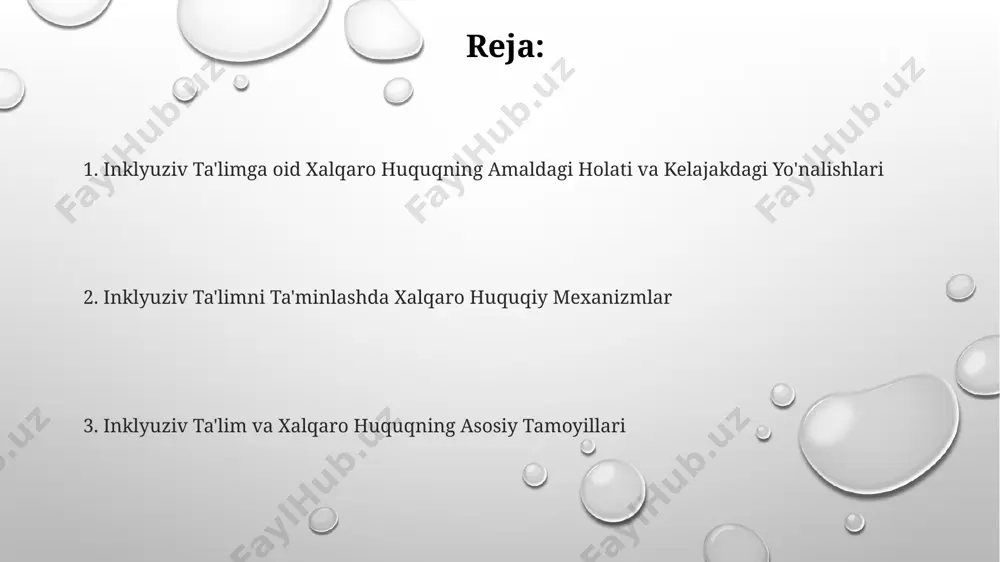 huquqlari deklaratsiyasi (1948) ning 26-moddasi bilan kafolatlanadi, bu erda ta'limning teng imkoniyatlari va sifatiga urg'u beriladi. 1990 yildagi butunjahon ta'limga oid konferentsiya (jeyom) inklyuziv ta'limni rivojlantirishga va kamida 10% nogiron bolalarni umumiy ta'lim tizimiga integratsiyalashtirishga chaqirgan. inklyuziv ta'lim konvensiyasi nogironlarning huquqlari to'g'risidagi konvensiya (2006) ning 24-moddasida aks ettirilgan bo'lib, bu ta'limning barcha darajalarida teng imkoniyatlarni ta'minlashni o'z ichiga oladi. inklyuziv ta'lim va barqaror rivojlanish maqsadlari sdg 10 (tengsizliklarni kamaytirish) inklyuziv ta'limning muvaffaqiyatini o'lchashda muhim rol o'ynaydi, chunki u ijtimoiy adolat va teng imkoniyatlarni ta'minlashga qaratilgan. inklyuziv ta'lim orqali kamida 10% nogiron bolalar sonining maktabga qamrovini oshirish sdg 4.1 ning asosiy ko'rsatkichlaridan biri hisoblanadi. inklyuziv ta'lim sdg 4 (sifatli ta'lim)ning asosiy tarkibiy qismi bo'lib, 2030 yilgacha barcha bolalar uchun teng imkoniyatlarni ta'minlashga qaratilgan. majburiyatlar va majburiy me'yorlar халқаро ҳуқуқнинг 1930 йиллардан кейинги норматив базасида инклюзив таълимга оид мажбуриятлар аниқ белгиланган бўлиб, камчилиги бор шахслар учун тенг имкониятларни таъминлашни таъкидлайди. миллий қонунчиликдаги …
