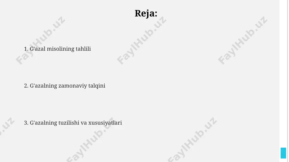 ngi uslublarni joriy qilishgan, shu sababli uning geografiyasi kengaygan. g’azal janri xi asrda, asosan, xorazm va marg’ilon shaharlarida shakllana boshlagan bo’lib, uning dastlabki namunalari 11-12 asrlarga to’g’ri keladi. g'azalning asosiy xususiyatlari gʻazalning mavzulari xilma-xil, lekin koʻpincha sevgi, ishq, falsafa, tabiat va ijtimoiy masalalarni oʻz ichiga oladi. gʻazalning har bir misrasida ikki qism – bayt boʻlib, ularning birinchi misrasi radif, oxirgisi esa qofiya vazifasini bajaradi. gʻazal, odatda, 5 dan 15 gacha misradan iborat boʻlib, har bir misra qofiya va vazn bilan bogʻlangan. g'azalning zamonaviy talqini zamonaviy g'azallar ijtimoiy-siyosiy masalalar, ekologik muammolar kabi 10 dan ortiq dolzarb mavzularda yozilishi bilan ajralib turadi va prozaik elementlardan foydalanish kuzatilmoqda. g'azalning zamonaviy talqinida ritm va ohangning o'zgarishi, so'z boyligi va metafora ishlatishda 50% ga yaqin yangi usullarni qo'llash orqali she'rga yangi nafas kiritilmoqda. g'azalning zamonaviy talqinida 21-asr ijodkorlari an'anaviy she'riy shaklni saqlab qolgan holda, mavzu va ifoda usullarini zamonaviylashtirib, 7-8 baytdan iborat asarlar yaratmoqdalar. g'azalning …