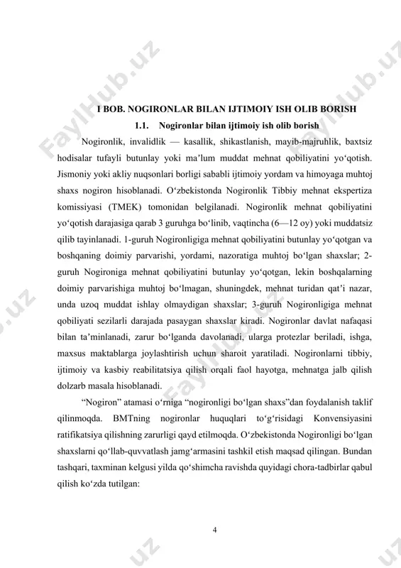 ini oldini olish imkonini beradi; · nogironligi boʻlgan shaxslar uchun moslashtirilmagan yoʻlovchi transportini xarid qilish taqiqlanadi (2018-yil 1-yanvardan). shuningdek, nogironligi boʻlgan shaxslar uchun moslashtirilgan, shu jumladan qayta jihozlash imkoniyati bilan avtotransport vositalarini ishlab chiqarish boshlanadi; · nogironlik berish va nogironlik boʻyicha pensiya toʻlash tartibi mezonlari qayta koʻrib chiqiladi (2018-yil 1-fevralgacha). bu yoʻnalishda xalqaro standartlarga oʻtish amalga oshirilishi kerak; · oliy ta’lim muassasalarida nogironligi boʻlgan shaxslar imtiyozli shartlarda oʻqishga kirishi uchun kvotalar joriy qilinadi (2018-yil 1-martgacha). loyiha nogironligi boʻlgan shaxslarni qoʻllab-quvvatlash tizimini takomillashtirish va ularning huquq va erkinliklari kafolatlarini kuchaytirish boʻyicha kompleks chora-tadbirlar dasturini oʻz ichiga oladi. u 4 ta asosiy yoʻnalish boʻyicha 66 ta chora-tadbirni amalga oshirishni koʻzda tutadi: i – nogironligi boʻlgan shaxslarning hayot sifati va darajasini oshirish; ii – nogironlikni profilaktika qilish, nogironligi boʻlgan shaxslarga tibbiy-ijtimoiy yordam va ijtimoiy reabilitatsiyaning samaradorligini oshirish; iii - nogironligi boʻlgan bolalarni tarbiyalash, ularni talab boʻlgan kasblarga oʻqitish tartibini takomillashtirish, nogironligi boʻlgan shaxslarni …