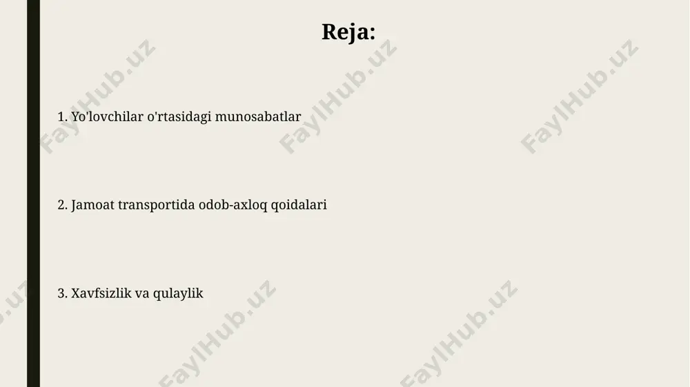 tini berish hurmat belgisi hisoblanadi. navbatga rioya qilish toshkent metropolitenida 5-6 vagondan joy olishga harakat qilganingizda, kamida 10 kishilik navbatni hisobga olishingiz kerak. shoshilinch holatlar bundan mustasno. yosh va nogironlarga yordam berish ko'rish qobiliyati zaif yoki nogironligi bo'lgan odamlarga transportda yordam berishda faol bo'ling, masalan, ularga yo'lni tushuntirish yoki samarqand shahar avtobuslarida chiqishga yordam bering. yosh bolalarga, ayniqsa, 7 yoshgacha bo'lganlarga va nogironlarga transport vositalarida o'rindiq taklif qiling, ayniqsa, toshkent metropoliteni kabi gavjum joylarda. telefonlardan foydalanish qo‘ng‘iroq qilishdan oldin, atrofingizdagi odamlarni kuzatib, 10 sekund o‘ylab ko‘ring. agar gavjum bo‘lsa, masalan, andijondagi mikroavtobusda, telefoningizni jim rejimga o‘tkazing. telefoningizdan baland ovozda gaplashmang, ayniqsa, 20 kishidan ortiq odam bo‘lgan gavjum metro vagonlarida yoki toshkentdagi avtobuslarda. boshqalarga hurmat bilan munosabatda bo‘ling. e'tiboringiz uchun rahmat @taqdimot_robot image1.jpg image2.jpg image3.jpg image4.jpg image5.jpg image6.jpg image7.jpg