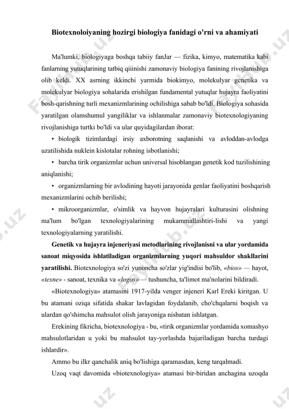 ajariladigan barcha turdagi ishlardir». ammo bu ilkr qanchalik aniq bo'lishiga qaramasdan, keng tarqalmadi. uzoq vaqt davomida «biotexnologiya» atamasi bir-biridan anchagina uzoqda turadigan ikki yo'nalishga nisbatan ishlatib kelindi. bu yo'nalishlarning biri - ishlab chiqarish darajasidagi fermentasiya jarayoni bo'lsa, ikkinchisi hozirgi vaqtda ergonomika (inson bilan faoliyat ko'rsatib turgan tizimning boshqa elemenuari orasidagi o'zaro munosabatlarni o'rganadigan fan tarmog'i) deb yuritiladigan soha bo'lgan. 1961-yil shved mikrobiolog karl gyoren xeden «mikrobiologik va kimyoviy muhandisiik va texnologiyalar» («journal of microbiological and biochemical engineering and technology») jurnalida biotexnologiyani «biotexnologiya va bioinjeneriya» («biotechnology and bioengineering») deb atash kerakligini asoslab bergandan keyin, hamma tortishuvlar o'z o'rnini topgandek bo'ldi. chunki bu jurnal amaliy mikrobiologiya va sanoat fermentasiyasi sohalarida bajarilgan tadqiqotlarning natijalarini chop qilishga mo'l-jallangan edi. shu davrdan boshlab, biotexnologiya atamasi - «tirik organizmlar, biologik tizimlar va jarayonlar ishtirokida (yordamida) mahsulotlarni sanoat miqyosida ishlab chiqarish» jarayonlariga nisbatan ishlatiladigan bo'ldi. 1-sxema sanoat miqyosidagi biotexnologik jarayonlar bosqichlari xomashyo it boshlang'ich ishlov berish 1 …