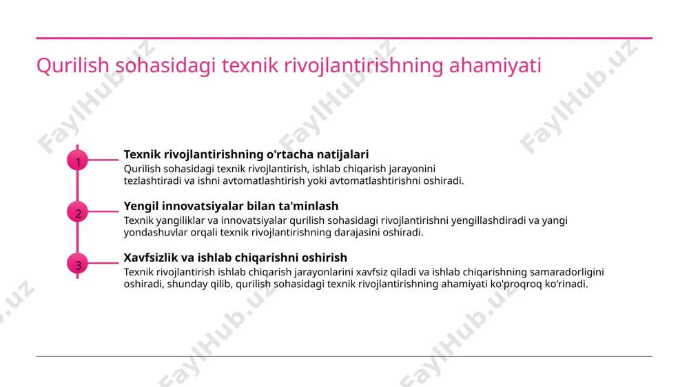 , atrofga zarar bermaydigan texnologiyalarni qo'llaydi. 3 atrofni to'g'ri ta'sir etish qurilish mexanizatsiyalashtirish ekologik ta'sirining bir qismi atrofni to'g'ri ta'sir etishga asoslangan, bu esa atrof-muhitning saqlanishi va ta'minlanishi uchun muhimdir. texnik rivojlantirishning qurilish sohasidagi moddiy boyliklarning oshish oqimlari 1 moddiy boyliklarning oshish sabablari qurilish sohasidagi moddiy boyliklarning oshishi, materiallarni yaxshi tanlash, foydalanish va qayta ishlashni o'rganish orqali yuzaga keladi. 2 moddiy boyliklarning oshish oqimlari qurilish sohasidagi moddiy boyliklar oshishi, qurilish materiallarining yaxshi ishlab chiqarish va qo'llanilish jarayonlarini takomillashtirishga olib keladi. 3 moddiy boyliklarning oshishning ta'siri moddiy boyliklarning oshishi qurilish sohasidagi ishlar va ishlab chiqarish jarayonlarini tezlashtiradi va qurilish materiallarining sifatini oshiradi. 4 moddiy boyliklarning oshishi va innovatsiyalar qurilish sohasidagi moddiy boyliklar oshishi innovatsiyalarni rag'batlantiradi va yangi materiallar va texnologiyalar bilan tanishishga imkoniyat yaratadi. qurilish sohasida texnik rivojlantirishning insonresurslarga ta'siri qurilish sohasida texnik rivojlantirish, insonresurslarga yanada ko'p imkoniyatlar ochildi. avtomatlashtirish va robotlar insonlarning ish joylarini muhofaza qiladi, ishni tezlashtiradi, va texnik …