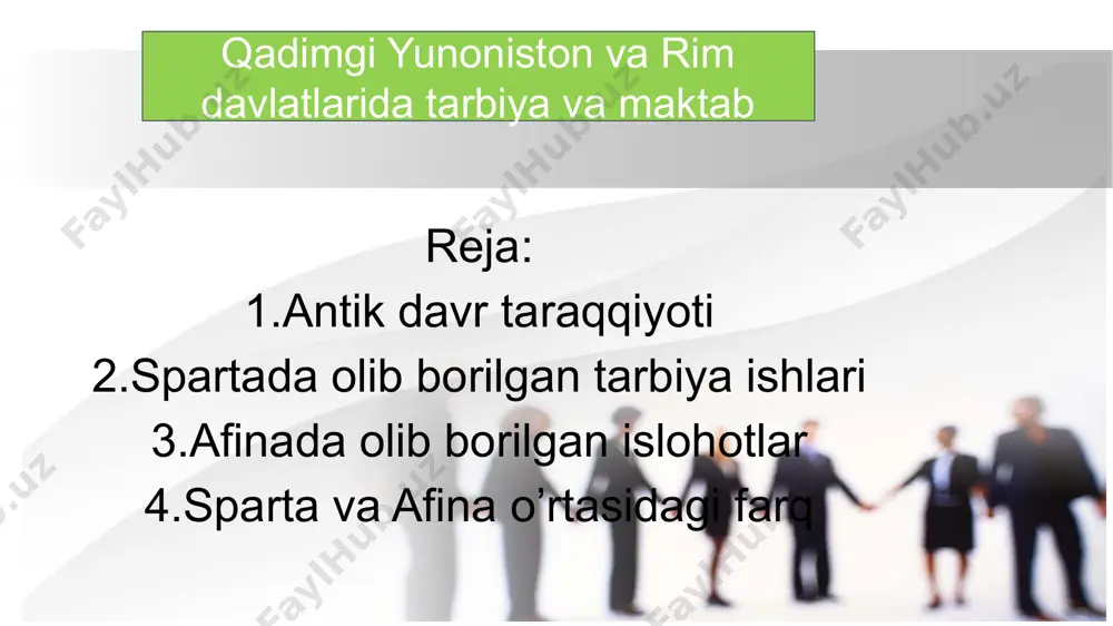um edilar. lakoniya (sparta)da kemalar to’xtaydigan qulay gavanlar bo’lmaganligi tufayli qullar mehnatiga asoslangan dehqonchilik hukmron edi. 9 ming oiladan iborat bo’lgan quldorlar 250 mingdan ko’proq aholiga hukmronlik qilardi. spartada qullar shafqatsiz ta’qib ostiga olinar edi. tarbiya ishlari esa davlat ixtiyorida bo’lib, uning asosiy maqsadi spartaliklarning bolalarini baquvvat, jismoniy sog’lom, bardoshli, chiniqqan jangchilar qilib tarbiyalash va bo’lajak quldorlarni etkazishdan iborat edi. odamlar to’plagan turmush tajribasini yoshlarga o’rgatish, ularni g’ayotga, mehnat faoliyatiga tayyorlash ehtiyoji natijasida qadim zamonlardayoq ta‘lim va tarbiya mustaqil ijtimoiy faoliyat sifatida paydo bo’lgan. tarbiya haqidagi pedagogik fikrlar, qarashlar va ta‘limotlar qadimgi sharq mamlakatlari – xoldey, vavilon (bobil), misr, xindiston, xitoy va markaziy osiyo mamlakatlarida yuzaga kelgan. shu boisdan eng qadimgi maktablar sharq mamlakatlari, jumladan xoldey, vavilon, misrda va isroil shaharlarida ochilgan. maktab ochishni misrliklardan greklar, greklardan rimliklar o’rganib olganlar spartaliklarning bolalari 7 yoshgacha uyda yashar, keyin “agella” deb ataluvchi davlat muassasasida 18 yoshga etguncha tarbiyalanar edi. ular “pedonom” rahbarligida …
