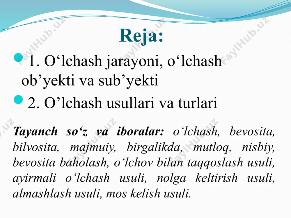gartirish demakdir. bundan maqsad izlanayotgan kattalikni son qiymatini qo‘llash, ishlatish uchun qulay formada aniqlashdir. o‘lchash jarayoni - bu solishtirish eksperimentini o‘tkazish jarayonidir (solishtirish qanday usulda bo‘lmasin). o‘lchash usuli esa - bu fizik eksperimentning aniq ma’lum struktura yordamida, o‘lchash vositalari yordamida va eksperiment o‘tkazishning aniq yo‘li, algoritmi yordamida bajarilishi, amalga oshirilishi usulidir. o‘lchash odatda o‘lchashdan ko‘zlangan maqsadni (izlanayotgan kattalikni) aniqlashdan boshlanadi, keyin esa shu kattalikning xarakterini analiz qilish asosida bevosita o‘lchash ob’ekti (o‘lchanadigan kattalik) aniqlanadi. o‘lchash jaraeni yordamida esa shu o‘lchash ob’ekti to‘g‘risida informatsiya hosil qilinadi va nihoyat ba’zi matematik qayta ishlash yo‘li bilan o‘lchash maqsadi haqida yoki izlanayotgan kattalik haqida informatsiya (o‘lchash natijasi) olinadi. o‘lchash natijasi - o‘lchanayotgan kattalikning son qiymatini o‘lchash birligiga ko‘paytmasi tariqasida ifodalanadi. x=n[x], bu erda x - o‘lchanadigan kattalik; n - o‘lchanayotgan kattalikning qabul qilingan o‘lchov birligidagi son qiymati; [x] - o‘lchash birligi o‘lchash jarayonini avtomatlashtirish munosabati bilan o‘lchash natijalari o‘zgarmasdan to‘g‘ridan-to‘g‘ri elektron hisoblash mashinalariga yoki …