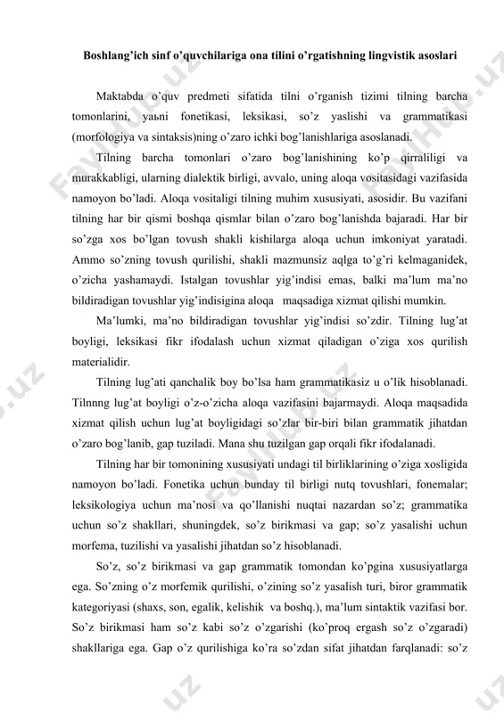 rmaydi. aloqa maqsadida xizmat qilish uchun lug’at boyligidagi so’zlar bir-biri bilan grammatik jihatdan o’zaro bog’lanib, gap tuziladi. mana shu tuzilgan gap orqali fikr ifodalanadi. tilning har bir tomonining xususiyati undagi til birliklarining o’ziga xosligida namoyon bo’ladi. fonetika uchun bunday til birligi nutq tovushlari, fonemalar; leksikologiya uchun ma’nosi va qo’llanishi nuqtai nazardan so’z; grammatika uchun so’z shakllari, shuningdek, so’z birikmasi va gap; so’z yasalishi uchun morfema, tuzilishi va yasalishi jihatdan so’z hisoblanadi. so’z, so’z birikmasi va gap grammatik tomondan ko’pgina xususiyatlarga ega. so’zning o’z morfemik qurilishi, o’zining so’z yasalish turi, biror grammatik kategoriyasi (shaxs, son, egalik, kelishik va boshq.), ma’lum sintaktik vazifasi bor. so’z birikmasi ham so’z kabi so’z o’zgarishi (ko’proq ergash so’z o’zgaradi) shakllariga ega. gap o’z qurilishiga ko’ra so’zdan sifat jihatdan farqlanadi: so’z o’zi alohida kelganda mustaqil ma’no anglatmaydigan morfemalardan tuziladi, gapni tashkil etuvchi qismlar esa gapdan tashqarida ham mustaqil leksik ma’no bildiradi, gap tarkibida esa uning ma’nosi yana …