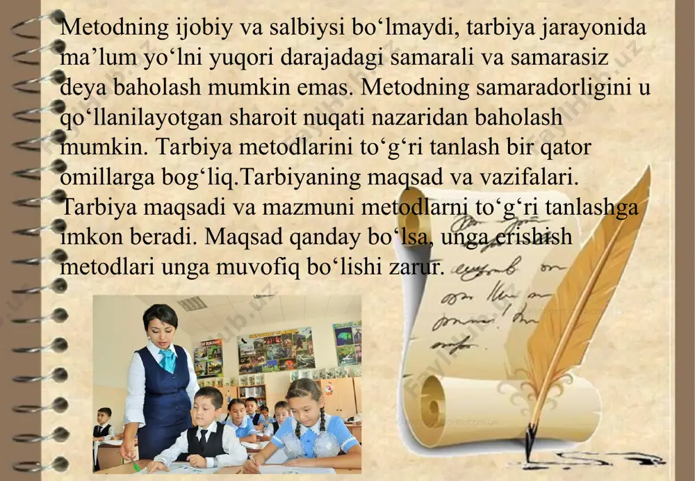 tarbiyaning davriylik tuzilmasini belgilab olishi mumkin: 1. maqsadni belgilash — tarbiyalashdan kelib chiqadigan maqsadlarni ma’lum bir muddatli jarayonlarga bo‘lib chiqishi. 2. mazmunni tanlash — tarbiyalash mazmunini jamiyat talablari darajasida mustaqil ishlab chiqishi. 3. demokratik faoliyatli — tarbiyaviy jarayon ishtirokchilarini tarbiyalashda va o‘zaro munosabatda erkin fikrlilik va umuminsoniylik me’yorlariga rioya qilish qonuniyatlari. 4. baholash — tarbiyalash jarayonida erishilgan natijalar samarador-ligining o‘qituvchi tomonidan baholanib borishi va doimiy tahlil qilinishi tarbiya metodlari - pedagogik tushuncha bo’lib, respublikamiz milliy tarbiya tizimida yangicha shakl va mazmun kasb etadi u avtoritar, pedantik pedagogikadagi tarbiya metodlari bilan chiqisha olmaydi. xalqning qadimdan foydalanib kelinayotgan milliy pedagogikasida ilgari surilgan, mahlum darajada nazariy jihatdan asoslangan tarbiya metodlari mavjudki, bular minglab yillar davomida oila, mahalla, jamoat joylarida unumli va o’ta ustalik bilan qo’llangan va o’zining yashovchanligi tufayli bugungi kungacha o’zining ta’sirchanligini yo’qotmagan. tarbiya metodlari o’zining vazifasiga ko’ra mazkur davlat, tuzum ideologiyasi, g’oyasi va qarashlariga xizmat qiladi. tarbiya metodlari muammosining murakkabligidan kelib …