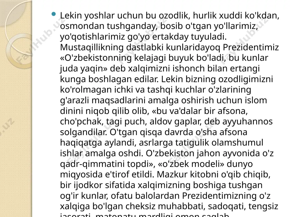 illarda keskin siyosiy kurashlar, bahs va tortishuvlar jarayonida tug‘ilib, 90-yillarga kelib yaxlit ta’limotga aylangani haqida ushbu kitobdagi chiqishlar orqali har tomonlama tasavvurga ega bo‘lish mumkin. mustaqillik g‘oyalari keng qanot yoza boshlagan, xalqimiz ozodlik va erkinlikka intilgan bir paytda yurtimizning dadil qadamlarini ko‘rolmaydigan g‘arazli kuchlar sobiq markazda ham, o‘zimizda ham topiladi. bunday siyosiy o‘yin va fitnalarga bir misol sifatida 1991 yil 17-19 avgust kunlari – islom karimov hindiston respublikasida rasmiy safarda bo‘lgan paytda yuz bergan voqealarni keltirish mumkin. image8.png image9.jpeg image10.jpeg image11.jpg image12.jpeg image3.jpeg image6.jpeg image7.png /docprops/thumbnail.jpeg