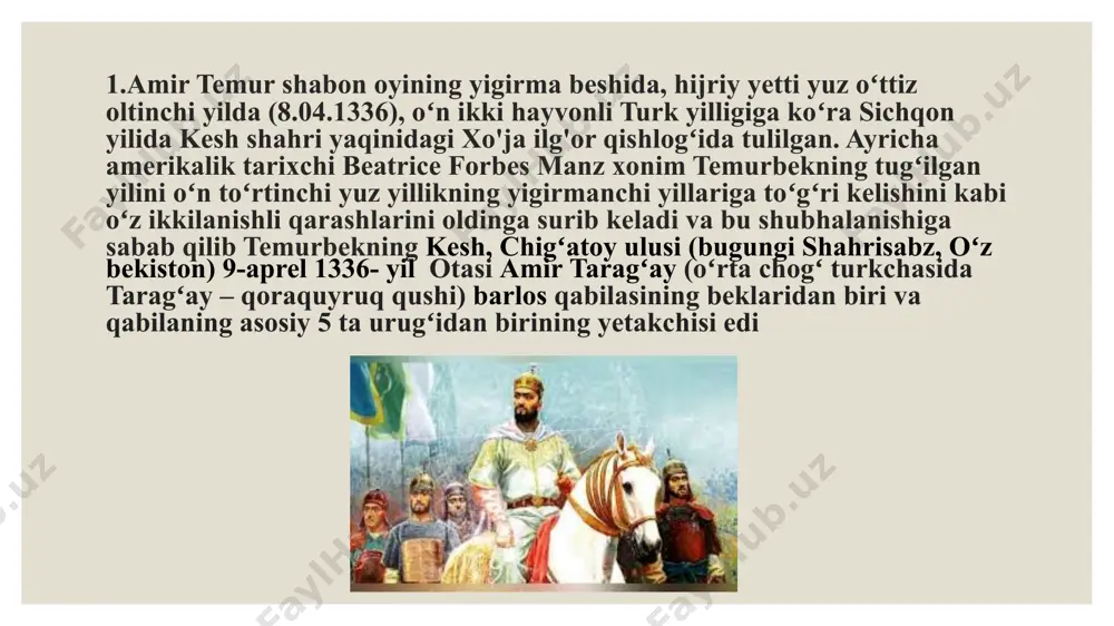biroq husaynbek dushmanga qarshi turolmaydi. bu yuzdan temurbek keshga qaytishga majbur boʻladi. 1366-yil husaynbek va temurbek yovlashadi. qatlashdagi urushda temurbek tomon dushmanni yengadi. temurbek qarshiga qarab yuradi. qarshi qamalida musabekni 12000 otligʻini 243 kishi bilan yengadi. 1367-yil moxon yaqinidagi bermasda bekishohga qarshi yuradi. temurbek dushmanni yengadi. temurbek husaynbek bilan yarashib qobul tomon yuradi. temurbek tomon qobul sharini egallayadi. 1368-yil temurbek badaxshonni yagʻmo etib qaytadi. temurbek husaynbek ila yana yovlashadi. 1370-yil arxangdagi urushda temurbek husaynbekni uzil-kesil yengadi. sayyid baraka temurbekka tabl va yalov taqdim etadi. temurbek balx tomon yuradi va balxni qoʻlga olib suyurgʻotmish oʻgʻlonni xon qilib koʻtaradi. 1370-yil temuriylar davlati quriladi temurbek amir unvonini oladi va samarqandni boshshahar etib belgilaydi. 1370-yil kuzida yirik qurultoy oʻtkazadi. 1371-yil amir temur jeta tomon 2 bora yurish qiladi. hevak oʻlkasi va kot shahri aslan chigʻatoy ulusining yerlari boʻlsada, biroq u yerlar soliqlarini xorazmdagi soʻfiylar yigʻar edi. 1372-yil bahorda bu yerlarni qaytarishni koʻzlab temurbek xorazm …