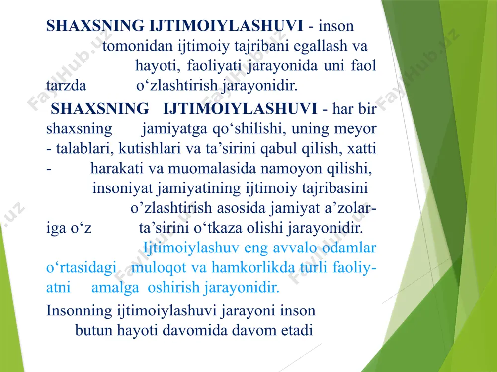 ng majburiyatlari, huquqlari va imtiyozlarini belgilaydigan shaxslararo munosabatlar tizimida egallagan pozitsiyasi. ijtimoiy status insonning ijtimoiy jamiyatdagi mavqeini, shaxslararo munosabatlar tizimidagi mavqeini va uning pozitsiyasi tufayli olgan huquqlari, majburiyatlari, vakolatlari va imtiyozlarini tavsiflaydi. insonning ijtimoiy mavqei ushbu toifadagi odamlarning xatti-harakatlarini boshqaradigan belgilangan (konvensiya) qoidalar va qoidalarga muvofiq yashaguncha saqlanadi. nemis olimi e.shpranger (1882-1963) shaxs tiplarini quyidagicha ta’riflagan; 1. nazariy shaxs - muammo, savol, baxs munozaralarga javob izlash, tushuntirish, nazariyalashga extirosi baland professor- o‘qituvchilarda aks ettirilgan. 2. iqtisodiy shaxs - barcha hayotiy aloqalarda birinchi navbatda foyda keltiradigan inson turi, "amaliy odam", iqtisodiy inson uchun bilimning qiymati o‘zi, jamoasi, insoniyatga foyda keltiradigan narsalarni bilishga qaratilgan. 3. estetik inson- uyg‘unlik, go‘zallik istagi bilan ajralib turadi. olamni qalb go‘zalligida ko‘rish, estetik qadriyatlarni yaratish va zavqlanishlari muhim sanaladi. 4. ijtimoiy inson-odamlarga bo‘lgan muhabbat uchun yashaydi va harakat qiladi (aksincha, sevgi uchun emas, balki sevadigan odamlar uchun). shaxslararo munosabatlarga ijtimoiy yo‘naltirilgan insonlar 5. siyosiy shaxs-haqiqiy ma’naviy qadriyatlarga …