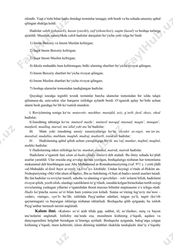 rash davomida, taqiqga qaramasdan, juda ko‘p sonli hadislar dunyoga kela boshladi. bunga javoban ilm al-jarh va-t-ta’dil (hadislarni tanqid qilib o‘rganuvchi) maxsus fani paydo bo‘lib, rivojlana boshladi. keyinchalik soni tobora osha borgan hadislar alohida to‘plamlarga yig‘ila boshlandi. ularda maxsus tekshirish orqali «tozalanib» olingan hadislar jamlana boshladi. shunday ilk to‘plamlardan biri madinadagi urva ibn az-zubayrga (vaf. 94/712 yoki 99/717 y. ) va ikkinchisi suriyaga ko‘chib ketgan muhammad ibn muslim az-zuhriyga (vaf. 741 y. ) tegishli. ilk tuzilgan to‘plamlar har bir sahoba nomidan rivoyat qilingan hadislarni o‘zida jam qilganligi uchun musnad deb ataladi. keyingi davrlarda tuzilgan at-tayolisiy (vaf. 818 y.) va ahmad ibn hanbalning (vaf. 855 y.) to‘plamlari mazkur uslubda yozilgan. biroq undan foydalanish ancha noqulay. chunki bunda bir mavzu haqida ma’lumot olish uchun bir necha to‘plamlarni ko‘rib chiqish kerak. ikkinchi turdagi to‘plamlarda hadislar shu paytgacha shakllanib ulgurgan fiqh fani mavzulari bo‘yicha joylashtirildi. bu turdagi to‘plamlarga madina regional fiqh maktabi vakili molik ibn …