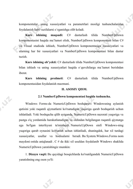 sh yoki sozlash uchun ishlatiladi. borderstyle ushbu xususiyat boshqaruv uchun chegara uslubini bildiradi. font ushbu xususiyat boshqaruv elementi tomonidan ko'rsatiladigan matn shriftini olish yoki sozlash uchun ishlatiladi. forecolor ushbu xususiyat boshqaruvning oldingi rangini olish yoki sozlash uchun ishlatiladi. height ushbu xususiyat boshqaruv balandligini olish yoki o'rnatish uchun ishlatiladi. lacation ushbu xususiyat numericupdown boshqaruvining yuqori chap burchagining koordinatalarini uning shaklining yuqori chap burchagiga nisbatan olish yoki o'rnatish uchun ishlatiladi. name ushbu xususiyat boshqaruv elementini olish yoki sozlash uchun ishlatiladi. tabstop ushbu xususiyat foydalanuvchi numericupdown-ga diqqatni ta'minlash uchun tab tugmachasini bosishi mumkinligini ko'rsatadigan qiymatni olish yoki o'rnatish uchun ishlatiladi. size ushbu xususiyat boshqaruvning balandligi va kengligini olish yoki o'rnatish uchun ishlatiladi. text ushbu xususiyat numericupdown boshqaruvida ko'rsatiladigan matnni olish yoki sozlash uchun ishlatiladi. textalign ushbu xususiyat spin qutisidagi matnning hizalanishini olish yoki sozlash uchun ishlatiladi (shuningdek, yuqoriga qarab boshqarish deb ham ataladi). visible ushbu xususiyat boshqaruv elementi va uning barcha boshqaruv elementlari …