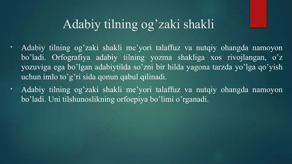 talaffuzi hamda boshqa tillardan o’zlashtirilgan so’z talaffuzi tarzida o’rganish mumkin orfoepiya (orto... yun. epos — nutq, talaffuz) — 1)tilshunoslikning adabiy talaffuz meʼyorlarini oʻrganuvchi boʻlimi; 2) muayyan milliy tilning talaffuz meʼyorlariga mos holda bir xil talaffuzni taʼmin-lovchi qoidalar tizimi va ularga rioya qilish. unli tovushlar orfoepiyasi undosh tovushlar orfoepiyasi so‘z qismlari talaffuzi boshqa tillardan o'zlashtirilgan ayrim so'zlar orfoepiyasi orfoepiya qisqa talaffuz — urg'usiz bo‘g‘indagi unlining qisqa va kuchsiz (bilinar- bilinmas) talaffuz etilishi. cho‘ziq talaffuz — urg'uli bo‘g‘indagi unlining urg‘usiz bo‘g‘indagi unlidan cho'ziqroq bo‘lishi. bu xususiyat ruscha leksik o‘zlashmalarda, ayniqsa, sezilarli bo‘ladi. ingichka talaffuz — unli tovushlarning sayoz til orqa «k», «g», «ng», til o'rta «y» va bo‘g‘iz undoshi «h» bilan yondosh bo'lganda old qator fonema tarzida ingichka talaffuz etilishi. yo‘g‘on talaffuz — unli tovushlarning chuqur til orqa «q», «g‘», «x» undoshlari ta’sirida orqa qator fonema tarzida yo'g'onlashuvi. jarangsizlanish — ayrim jarangli undoshlarning so'z oxirida yoki assimilativ holatlarda jarangsiz undosh tarzida talaffuz …