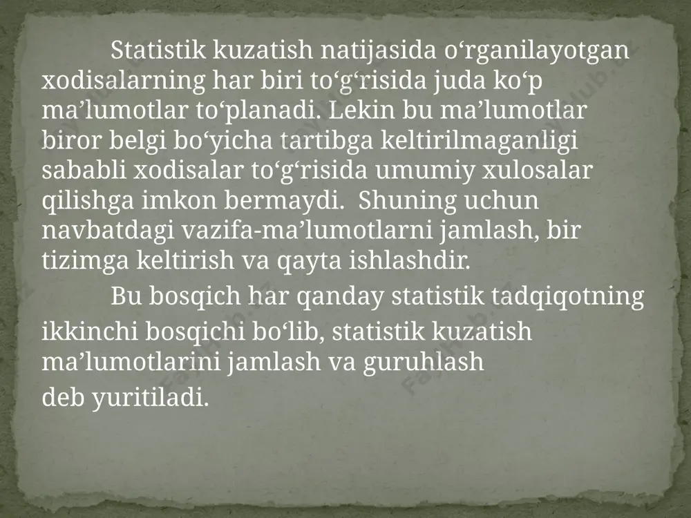 liq deyilganda barcha guruhlar uchun bir xil oraliq miqdori tushiniladi va u quyidagicha aniqlanadi. ko‘pincha guruhlar soni aniq bo‘ladi. bu kuzatish maqsadi va vazifasidan kelib chiqib, ularni to‘liq amalga oshirish uchun kerakli sonda bo‘lishi lozim. agarda guruhlarning optimal sonini aniqlash lozim bo‘lsa, unda sterdjess formulasidan foydalanamiz. n = 1 + 3,322 lg n: bu yerda: n–to‘plamdagi birliklar soni guruhlashda taqsimot qatorlari tuziladi. taqsimot qatorlari deb xodisa va jarayonlarning biror belgi bo‘yicha ma’lum bir tartibda taqsimlanishiga aytiladi. har qanday taqsimot qatori 2 elementdan: belgilar va belglar sonidan iborat bo‘ladi. atributiv belgilari bo‘yicha tuzilgan qator atributiv taqsimot qatori deyiladi. miqdor belgilari bo‘yicha tuzilgan taqsimot qatorlari variatsion qatorlar deyiladi. miqdor belgilarning variatsiyalari diskret (uzlukli) va uzluksiz bo‘lishi mumkin. ko‘zlangan asosiy vazifalarni hal qilish nuqtayi nazaridan sta­tistik guruhlash quyidagi uch turga bo‘linadi: 1. tipologik guruhlash. 2. tuzilmaviy (strukturali) guruhlash. 3. tahliliy (analitik) guruhlash. tipologik guruhlash deganda hodisalarni ijtimoiy-iqtisodiy tip­larga ajratish imkoniyatini beruvchi guruhlash tushuniladi. …