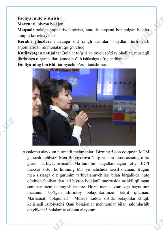 alarni o’girlab yaxshi ish qilmabsan! ikkinchidan esa olmalarni yuvmasdan yegansan shuning uchun sening qorning og’riyapti mana bu dorilarni ichsang yaxshi bop ketasan. yana hech qachon mevalarni yuvmasdan yema va o’g’irlama. “shu payt harbiylar kirib kelib qoladi” harbiylar – hurmatli bog’cha opa ! donoxon ismli qiz shumi ? tarbiyachi: ha nima bo’ldi ? tinchlikmi ? harbiylar – mahallada o’g’irlik sodir bo’ldi bog’dan ruhsatsiz olma og’irlagan ko’chada ko’rganlar bu donoxonning ishi deyishyapti. chunki u bog’chaga ham bormas ekan. bu ishing yaxshi emas! o’qituvchilar : donoxon bu qilgan ishin odobdanmi? donoxon: bog’chaga kelganlar nimani biladi? men ham bilaman ! tarbiyachi : yo’q donoxon unday emas ular sen o’ylaganchalik emas ! ular ko’p narsani biladi. donoxon : qani nimani biladi ? oshpazlar : biz mevalarni tam orqali ham ko’zimiz yumuq holatda ham ajrata olamiz! harbiylar : biz senga legodan o’yinchoqlar yasab beramiz shifokorlar – biz senga she’r aytib beramiz o’qituvchilar : biz senga ertak …