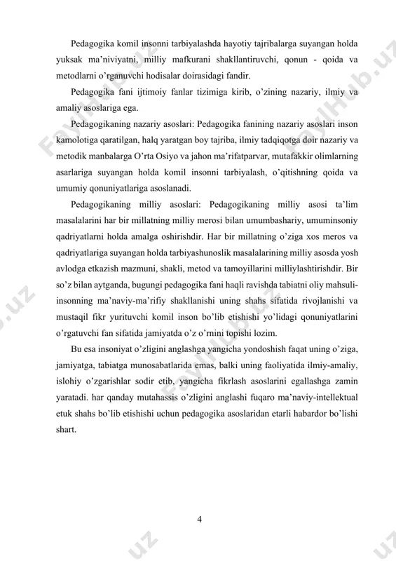 dlari, vositalari, usullari va muammolarini o’rganadi. tarbiya – muayyan aniq maqsad hamda ijtimoiy – tarixiy tajriba asosida yosh avlodni har tomonlama o’stirish, uning ongi, hulq-atvori va dunyoqarashini tarkib toptirish jarayonidir. tarbiya nazariyasi sharq mutafakkirlari va xalq pedagogikasining tarbiya borasidagi boy tajribalariga tayanadi. tarbiya nazariyasi o’z qoidalarini asoslash uchun falsafa, sotsiologiya, etika, estetika, fiziologiya, psixologiya kabi fanlarning ma’lumotlaridan foydalanadi. tarbiya nazariyasi pedagogikaning boshqa bo’limlari: umumiy asoslari, ta’lim nazariyasi va halq ta’limi tizimini boshqarish bilan uzviy bog’liq. tarbiya jarayonining mazmuni. turli zamon va makonda ijtimoiy tarbiya mohiyati turlicha bo’lib, uning mazmuni ijtimoiy maqsadlardan kelib chiqib asoslangan. tarbiya g’oyasi turlicha ifodalangan bo’lsada, ammo yo’naltiruvchanlik hususiyati hamda ob’ektiga ko’ra yakdillikni ifoda etadi. tarbiya hususida taniqli o’zbek pedagogi abdulla avloniy shunday degan: “al-hosil, tarbiya bizlar uchun yo hayot, yo mamot, yo najot - yo falokat, yo saodat - yo halokat masalasidur’ . ushbu fikrlardan anglaniladiki, shaxs tarbiyasi xususiy ish emas, balki ijtimoiy, milliy ishdir. zero, …