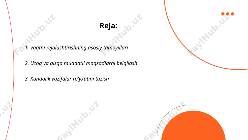 atlar odamlarning eslash qobiliyatini 20% ga yaxshilaydi. ro'yxatni ustuvorlikka ko'ra tartiblash, foydalanuvchini vaqtni samarali boshqarishida qo'llab-quvvatlaydi. raqamli yoki qog'oz variantlari mavjud. har bir vazifaning yoniga bajarilish muddatini yozish motivatsiyani 30% ga oshiradi. bureau of labor statistics ma'lumotiga ko'ra, to-do ro'yxatini tuzganlar vaqtni 25% samaraliroq boshqaradi. uyqu oldidan qisqacha tahlil qilish, kelgusi kundagi vazifalarni rejalashtiradi. ... t.me/slaydai_bot 4. ustuvorliklarni belgilash va vazifalarni ajratish ustuvorliklarni belgilash va vazifalarni ajratish samarali ish yuritish uchun muhimdir. ustuvorliklar aniqlanganda, vaqt va resurslar eng muhim vazifalarga yo'naltiriladi. masalan, abc tahlili orqali vazifalarni a, b va c toifalarga ajratish mumkin. a toifasidagi vazifalar eng ustuvor hisoblanib, 70-80% natijalarni beradi, bu esa vaqtning taxminan 20% sarflashni talab qiladi. b toifasi o'rtacha ustuvorlikda bo'lib, 15-25% natija keltiradi. c toifasi esa kam ustuvorlikga ega, 5-10% natijani tashkil etadi. ushbu yondashuv resurslarni samarali taqsimlash imkonini beradi. ... t.me/slaydai_bot samarali vaqtni boshqarish uchun quyidagi beshta vositani qo'llash mumkin: 1) pomodoro texnikasi - …