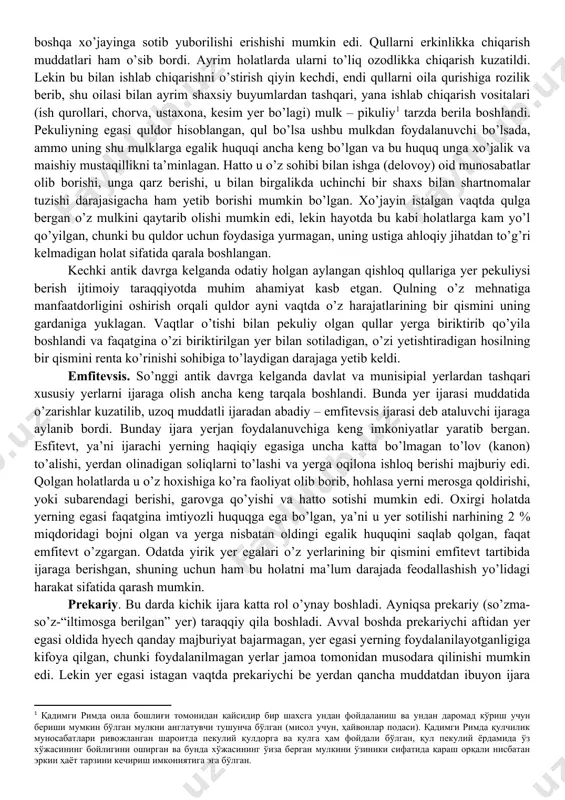 di, bu esa o’z-o’zida ishlab chiqarishning pasayishiga olib keldi. oqibatda quldorlar o’z xo’jaliklaridagi qullardan uzoq muddat foydalanish yo’llarini qidira boshladi. birinchi navbatda qullarni oldingi holatlardagidek majburiy ekspluatasiya qilish kamaydi. o’ziga ancha to’q bo’lgan quldorlar xo’jaliklaridan keladigan daromadlarning pasayishini o’z xo’jaligini kengaytirish hisobiga amalga oshirishni boshladi, ya’ni ular birinchi navbatda o’z mablag’larini qanday bo’lsasin ilgari holatdagi qullar miqdorini va ekspluatasiyasini saqlab qolishga qaratdi. sha tariqa vujudga kelgan o’ziga xos quldorlik “latifundiyalari” o’zini oqlamadi, chunki qullarni sotib olish va nazorat qilish va umuman bu tizimni boshqarish juda katta mablag’ talab eta boshladi. mana shunday sharoitda asta-sekinlik bilan qullarga munosabat o’zgarib bordi. endi qullar timsolida odamlarni (ilgari ular hayvon darajasida qaralgan) ko’ra boshladi. garchi quldorlar hamon o’z qullarini qatl qilish huquqiga ega bo’lsada, ammo endi buning uchun sud qarori kerak edi. qullar o’zlariga yomon munosabatda bo’layotganligi uchun o’z xo’jayinlari ustidan sudga shikoyat qilishi va boshqa xo’jayinga sotib yuborilishi erishishi mumkin edi. qullarni erkinlikka …