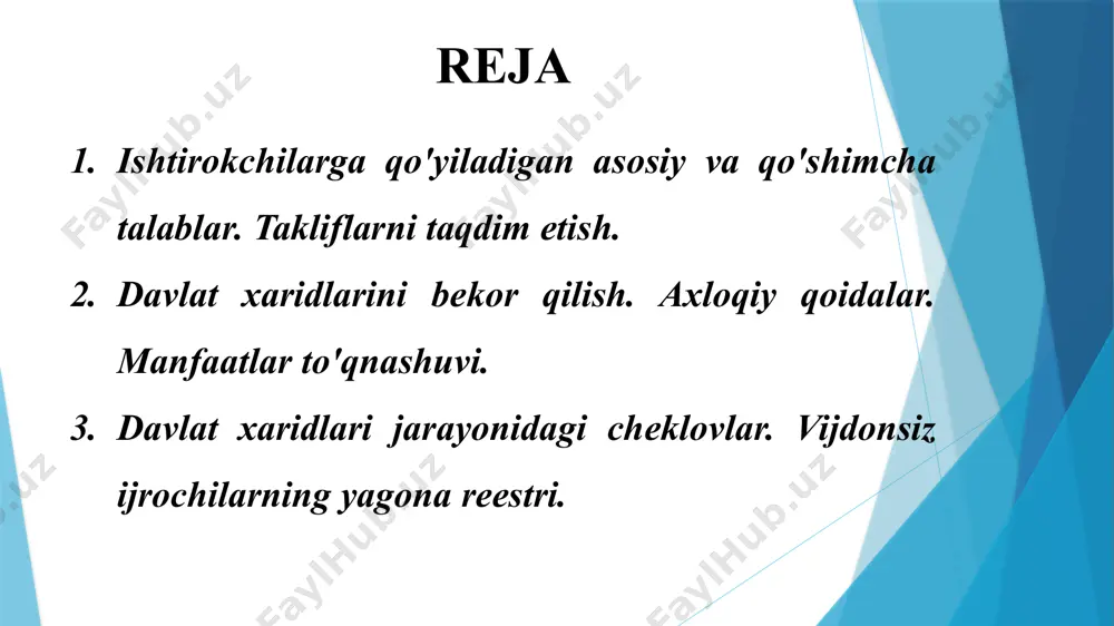an taklifni qabul qilish uchun asoslar g'olib bo'lgan taklifni qabul qilish quyidagi hollarda amalga oshirilishi mumkin: davlat xaridlari bekor qilinmaganda; yutuqli taklifni yuborgan ishtirokchining faoliyati to‘xtatilmaganda; xarid qilish tartiblari buzilmaganda. davlat xaridlarini bekor qilish davlat buyurtmachisi g‘olib bo‘lgan tender taklifi qabul qilingunga qadar istalgan vaqtda davlat xaridini bekor qilishga haqli. davlat xaridi bekor qilingan taqdirda, davlat buyurtmachisi ushbu qarorning asoslantirilgan sabablarini 3 ish kuni ichida elektron davlat xaridlari tizimi orqali maxsus axborot portalida e’lon qiladi. davlat buyurtmachisi davlat xaridining bekor qilinganligi uchun javobgar bo‘lmaydi. axloqiy qoidalar davlat xaridlarini amalga oshirish uchun davlat buyurtmachilari, elektron davlat xaridlari tizimining operatori, ixtisoslashtirilgan tashkilotlar, ekspert tashkilotlari odob-axloq qoidalarini qabul qiladilar. manfaatlar to'qnashuvining oldini olish choralari tegishli xodimlarning kasbiy tayyorgarligini amalga oshirish tartibi va unga qo'yiladigan talablar shartnomalarning yagona reestri quyidagi hujjatlar va ma'lumotlarni o'z ichiga oladi: - davlat buyurtmachisining nomi; - moliyalashtirish manbalari; - ijrochini aniqlash usuli; - xarid qilish tartib-tamoyili natijalarini umumlashtirish sanasi …