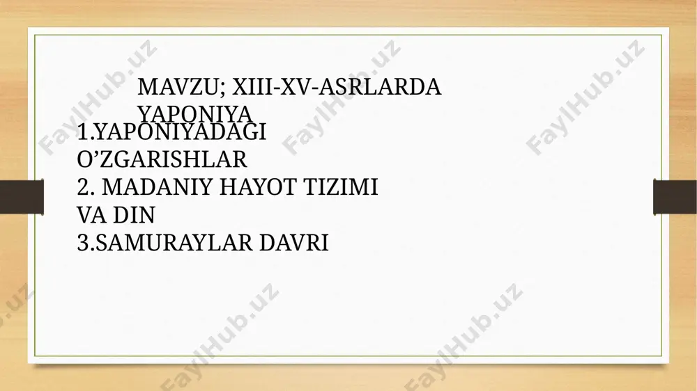 iyaning ijtimoiy-iqtisodiy hayotida muhim o‘rin tutgan. mo‘g‘ullar bosqini urinishlari (1274, 1281) 1274 va 1281-yillarda mo‘g‘ullar imperatori xubilayxon yaponiya orollariga ikki marta yurish qilgan. birinchi bosqinda mo‘g‘ullar yaponiya orollariga yetib kelgan, ammo kuchli qarshilikka duch kelishgan. ikkinchi yurishda mo‘g‘ullar 140 ming kishilik qo‘shin bilan hujum qilgan, ammo kuchli tayfun tufayli kemalari yo‘q bo‘lib ketgan. yaponlar bu hodisani “kamikaze” — ya’ni “xudoning shamoli” deb atashgan. bu voqealar samuraylar jasoratini yanada oshirdi va milliy g‘ururni mustahkamladi. shu bilan birga, shogunat moliyaviy jihatdan zaiflashdi va bu uning qulashiga sabab bo‘ldi. kamakura shogunatining inqirozi mo‘g‘ullar yurishi kamakura shogunatini iqtisodiy va harbiy jihatdan holdan toydirdi. urushdan keyingi mukofotlar berilmagani samuraylar noroziligiga sabab bo‘ldi. daimyolar o‘z manfaatlarini himoya qilishga kirishdi. go-daigo imperatori 1333-yilda kamakura shogunatiga qarshi qo‘zg‘olon ko‘tardi. bu qo‘zg‘olon muvaffaqiyatli bo‘ldi va shogunat tugatildi. bu davr yaponiya tarixida o‘zgarishlar va siyosiy bo‘linishlar davri bo‘lib, yangi shogunat — muromachi shogunatining paydo bo‘lishiga yo‘l ochdi. jamiyatda shogunlar va …