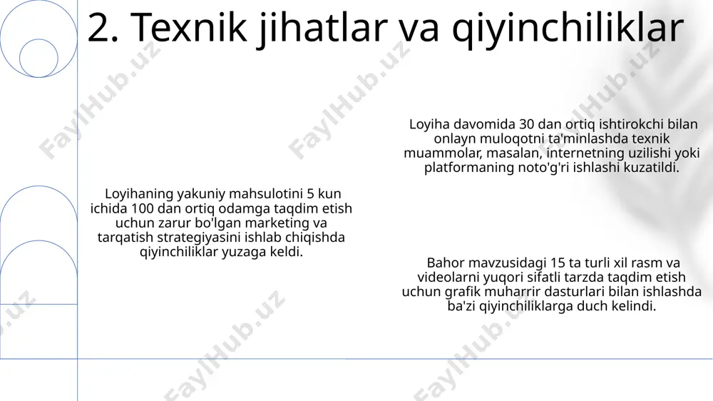 ortiq turdagi yovvoyi gullarning navlari gullaydi, ularning aksariyati endemik hisoblanadi va tabiiy muhitning noyobligidan dalolat beradi. hududimizdagi bahorning erta kelishi, o'rtacha 10-15 kun oldinroq, iqlim o'zgarishi ta'sirida kuzatilmoqda va bu biologik jarayonlarning tezlashuviga olib keladi. 12. hududimizdagi bahorning o'ziga xos xususiyatlari bahor mavsumi o‘rtacha 3 oy davom etadi va harorat ko‘rsatkichlari 10-25°c oralig‘ida o‘zgarib turadi, bu esa o‘simliklarning faol o‘sishi uchun qulay sharoit yaratadi. bahor mavsumining boshlanishi astronomik va fenologik omillar bilan belgilanadi, bu esa turli hududlarda 1-2 hafta farq qilishi mumkin. bahor faslida quyosh nurining intensivligi ortadi, kun uzunligi 12 soatdan oshadi va bu fotosintez jarayonini tezlashtirib, hosildorlikni oshirishga yordam beradi. 13. bahor mavzusi haqida umumiy ma'lumot bahor mavzusidagi ijodiy ishlarning 30% dan ortig'i qo'lda ishlangan buyumlar, 25%i esa rasm va grafik dizayn ishlaridan iborat bo'lib, qolgan qismi adabiyot va musiqa yo'nalishlariga tegishli. ijodiy ishlarda bahor ramzlari – gullar, qushlar, yangi o'simliklar tasvirlari 80% dan ko'proq ishlatilgan bo'lib, ranglarning …