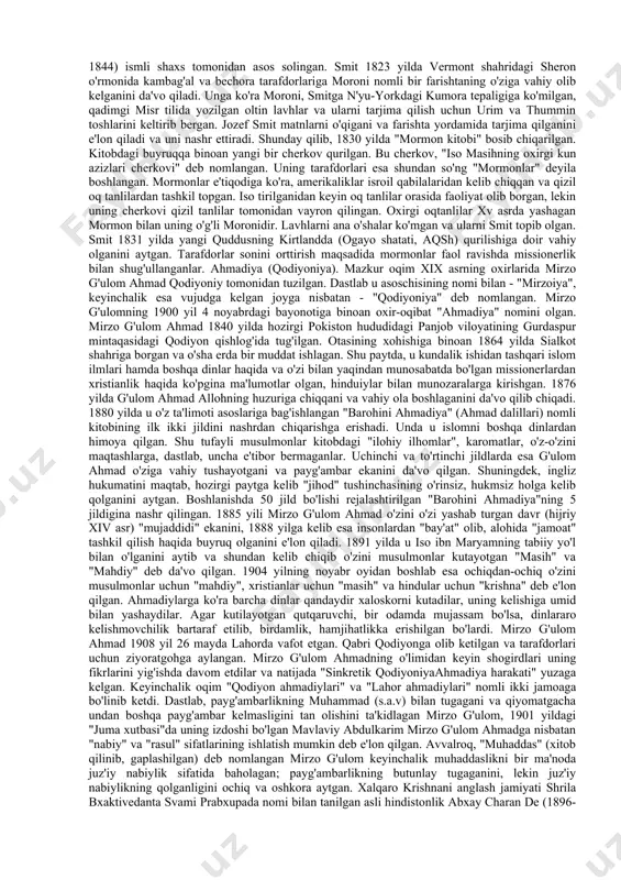 31 dekabriga "belgilagan" ushbu sekta rahbarlari o'z tarafdorlarini mol-mulklarini sotish, tushgan mablag'ni ularga berishga va shu yo'l bilan gunohlardan forig' bo'lishga chaqirgan. qiyomatning 2001 yil 1 yanvarga "ko'chirilishi" sekta rahbarlariga nisbatan shubha uyg'onishiga olib kelgan. shundan so'ng rahbarlar kanungu qishlog'ida 500 dan ortiq o'z tarafdorlarini aldab bir joyga to'plab, ustlaridan yopib binoga o't qo'yib yuborishgan. ommaviy axborot vositalari xabarlariga ko'ra, tezkor tadbirlarni o'tkazgan politsiya yana to'rt joyda ommaviy qabrlarni topgan. umuman bu sektaning qurbonlari 1000 ortiq bo'lgani qayd qilingan. noan'anaviy diniy tashkilot yoki oqim deganda bir mintaqa, hudud aholisi uchun begona bo'lgan, muayyan tarixiy sharoit yoki ijtimoiy vaziyat sababli o'sha erga kirib kelgan yoki kirishga harakat qiladigan dinlar tushuniladi. xix asr o'rtalari xx asr boshlariga kelib evropa, amerika va osiyo qit'alarida "payg'ambarlik" va "armageddonizm" epidemiyalari avj oldi. aqshda 1840 yillarda "millerizm" nomi ostida paydo bo'lgan harakat tez orada boshqa hududlarga ham tarqaldi. natijada, aksariyat yirik dinlar doirasida yangi, "islohotchi" oqimlar …