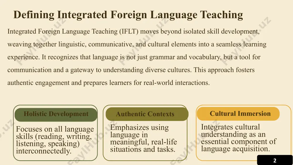 f other cultures and perspectives. autonomous learning empower students to become self-directed and lifelong language learners. 5 4 core objectives: linguistic proficiency ---achieving linguistic proficiency is foundational. this involves mastering the structural components of the language, enabling clear and accurate expression. grammar mastery accurate use of tenses, moods, and sentence structures. understanding and applying syntactical rules. formulating grammatically correct and coherent expressions. vocabulary acquisition expanding lexical repertoire across various topics. grasping nuances of word meanings and appropriate usage. developing strategies for independent vocabulary growth. 6 5 core objectives: communicative competence & interaction  beyond correct grammar, iflt emphasizes the ability to use language effectively and appropriately in diverse communicative contexts. speaking skills engaging in dialogues and discussions. presenting information clearly and confidently. listening comprehension understanding spoken language in various accents. extracting key information from audio. writing proficiency composing clear and coherent texts. adapting writing style to different genres. reading comprehension …