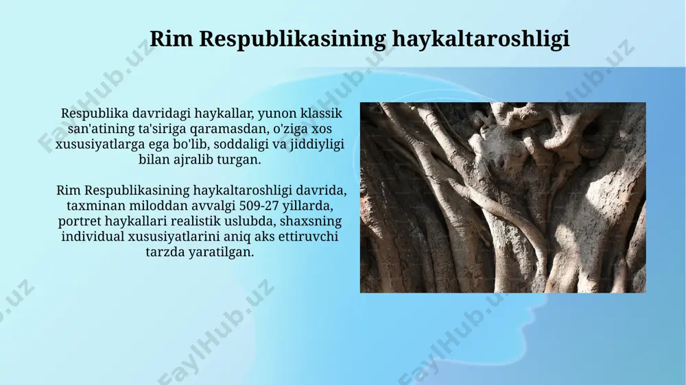 iklanishi qadimgi rim haykallarining 70% dan ortig'i marmar va bronzadan yasalgan bo'lib, ularning saqlanishi uchun maxsus iqlim nazorati va himoya qoplamalari qo'llaniladi. pompeya va gerkulaneumdagi vulqon otilishi natijasida saqlangan haykallar, 2000 yildan ortiq vaqt davomida tuproq ostida yotganligiga qaramay, noyob holatda saqlanib qolgan. material va texnika qadimgi rim haykaltaroshligida 2-asrda marmar ishlatish juda keng tarqalgan bo‘lib, bu davrda murakkab detallarni, yuz ifodalarining nozik ifodasini va realistik anatomiyani aks ettirishga imkon bergan. bronza quyish texnologiyasi qadimgi italiyada rivojlangan bo‘lib, taxminan 500 dan ortiq bronza haykal namunalari topilgan bo‘lib, ularning ko‘pchiligi kichik o‘lchamdagi yoki yordamchi haykallar edi. zamonaviy talqinlar qadimgi rim haykaltaroshligi asarlarining zamonaviy 3d modellashtirish va raqamli rekonstruksiyasi ularning asl ko'rinishini 90% aniqlikda tiklash imkonini beradi, bu esa tadqiqotchilarga yangi tafsilotlarni ochishga yordam beradi. ba'zi haykallar, masalan, “venera de milo”ning zamonaviy talqinlari uning yo'qolgan qo'llarini turli xil gipotezalar asosida qayta tiklash orqali 20 dan ortiq variantlarni taklif qiladi. qadimgi italiya haykaltaroshligi …