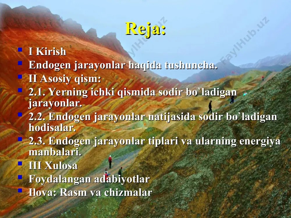 jarayonlarning yer qaridagi materiyaning bir formadan boshqa formaga o`tishda uning harakati va bo`linishi natijasida yuzaga keladigan magnitizm, metamorfizm va deformatsiya ko`rinishlarida shakilanada. bu jarayonlarning harakteri va intensivligi borasida so`z borganda bevosita uning otilayotgan vulkan, zilzila, yoriq va boshqa deformatsiyalarning yer yuzasidagi shakillanishini kuzatish lozim. endogen jarayonlarda materiyaning bo`linishi foydali qazilmalarni juda muhim guruhlarini shakillanishiga (ko`pchilik metall rudalarni, slyo`dalarni, qimmatbaho toshlarni va boshqalarni), shuningdek stihiyali fojia ko`rinishlarini keltirib chiqaradi, qaysiki ularni o`rganish ular bilan bog`liq bo`lgan fojialar haqida oldindan ogohlantirish imkonini beradi. shuning uchun endogen jarayonlarni o`rganish faqatgina ilmiy ahamiyatga ega bo`lmasdan balki amaliy ahamiyatga ham ega. endogen jarayonlar chuqur yer qaridan chiqayotgan magmaning shakilanishi va uning yer yuzasiga chiqishi hisobiga yer tarkibini va shaklini o`zgartiradi. relyef ham chuqur magmatik jinslar ham yer yuzasi sharoitiga mutloq turg`un emas. yer qarida shakilangan jinslar o`sha sharoitdagina turg`un bo`lib ular yer yuzasida ekzogen jarayonlar tasirida sutkali va mavsumiy tekis turani o`zgarishi, suvning, havoning va …
