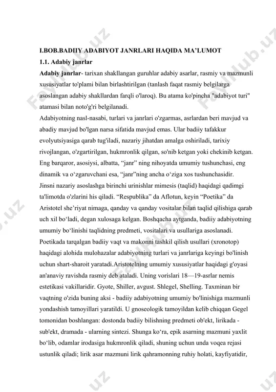riga asoslanadi. poetikada tarqalgan badiiy vaqt va makonni tashkil qilish usullari (xronotop) haqidagi alohida mulohazalar adabiyotning turlari va janrlariga keyingi bo'linish uchun shart-sharoit yaratadi.aristotelning umumiy xususiyatlar haqidagi g'oyasi an'anaviy ravishda rasmiy deb ataladi. uning vorislari 18—19-asrlar nemis estetikasi vakillaridir. gyote, shiller, avgust. shlegel, shelling. taxminan bir vaqtning o'zida buning aksi - badiiy adabiyotning umumiy bo'linishiga mazmunli yondashish tamoyillari yaratildi. u gnoseologik tamoyildan kelib chiqqan gegel tomonidan boshlangan: dostonda badiiy bilishning predmeti ob'ekt, lirikada - sub'ekt, dramada - ularning sintezi. shunga ko‘ra, epik asarning mazmuni yaxlit bo‘lib, odamlar irodasiga hukmronlik qiladi, shuning uchun unda voqea rejasi ustunlik qiladi; lirik asar mazmuni lirik qahramonning ruhiy holati, kayfiyatidir, shuning uchun undagi voqea-hodisalar fonga tushadi; dramatik asarning mazmuni maqsad sari intilish, shaxsning harakatda namoyon bo`ladigan irodaviy faoliyatidir. tur kategoriyasidan kelib chiqqan, toʻgʻrirogʻi, uning tushunchalarini aniqlovchi, konkretlashtiruvchi “tur” va “janr” tushunchalaridir. an'anaga ko'ra, biz turlarni adabiy tur ichidagi turg'un strukturaviy shakllanishlar deb ataymiz, hatto kichikroq …