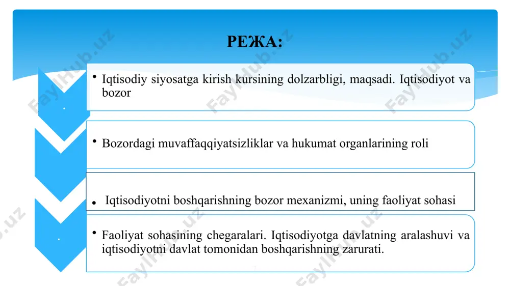 nlash, ishlab chiqarishni rivojlantirish, barchani ish bilan taʼminlash va hokazo. 5 . iqtisodiyot va bozor koʻpchilik orasida yana bir tushuncha bor: iqtisod asosida pul turadi. хo’sh shundaymi? men shunday javob bergan bo’lardim iqtisod asosida manbalar (resurslar) turadi – pul esa ularning harakatini taʼminlovchi vosita. savdo – iqtisodning katta qismi, lekin u iqtisodning asosimi? ibtidoiy jamoada savdo boʻlmagan. odamlar oʻz ehtiyojlarini qoplash uchungina mehnat qilishgan. jamoa orasida shu jamoa ehtiyojlarini qondirish uchun mehnat taqsimoti boʻlgan: ayollar nasl tarbiyasi va fermachilik bilan mashgʻul boʻlsa, erkaklar ov va jamoa xavfsizligini taʼminlash bilan band boʻlgan. bunday iqtisodda pul kerak boʻlmaganku va iqtisod tabiiy qonunlar asosida qurilganku. 6 iqtisodiyot (qadimgi yunoncha: οyκος „uy, xonadon“ + nomos „nom, boshqaruv ostidagi hudud“— jamiyatning iqtisodiy faoliyati, shuningdek ishlab chiqarish, taqsimlash, ayirboshlash va isteʼmol qilish tizimida rivojlanadigan munosabatlar yigʻindisi hisoblanadi. iqtisodiyot — bu ishlab chiqarish, taqsimlash va savdo, shuningdek, tovarlar va xizmatlarni isteʼmol qilish sohasini oʻrganish sohasi. umuman olganda, …